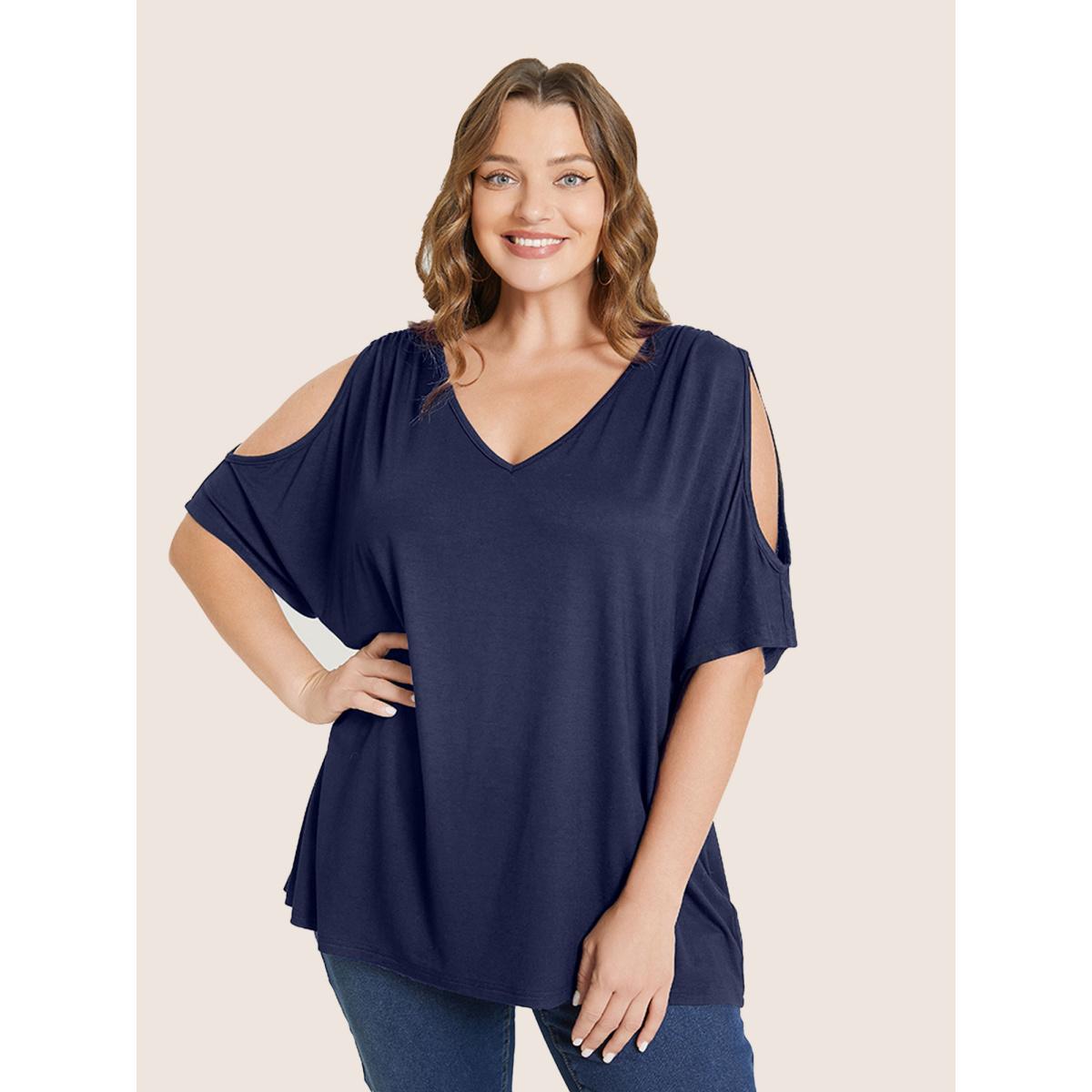 Plus Size Plain Cut Out V Neck T-shirt DarkBlue Women Elegant Cut-Out Plain V-neck Everyday T-shirts BloomChic 14-16/1X Product Image
