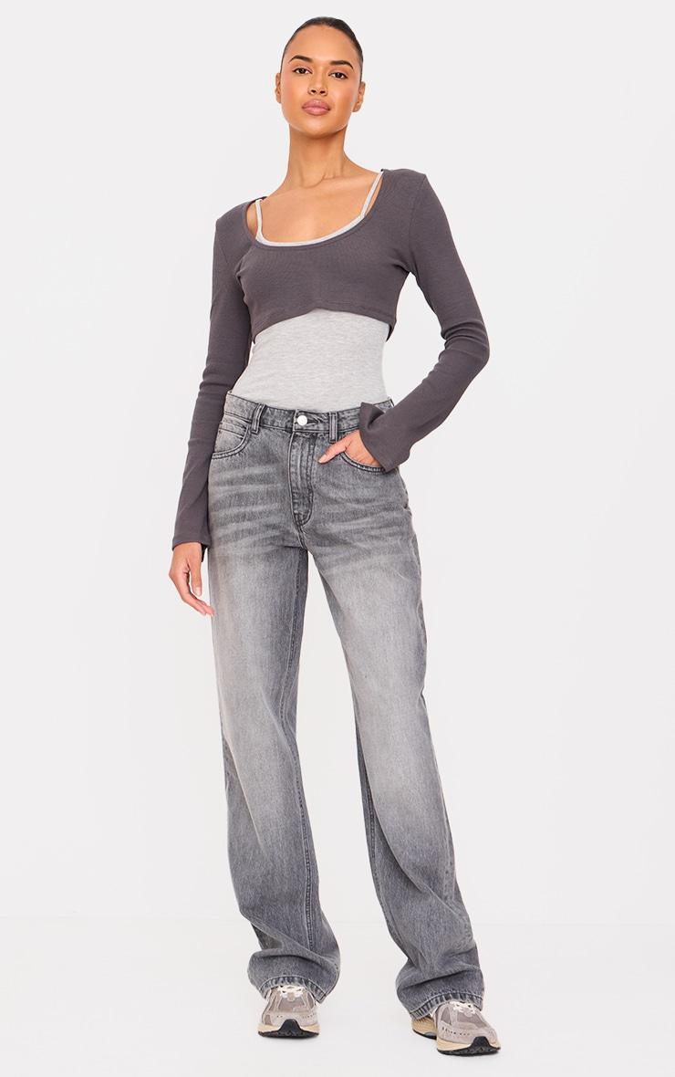 Charcoal Overlay Detail Ribbed Long Sleeve Bodysuit Product Image