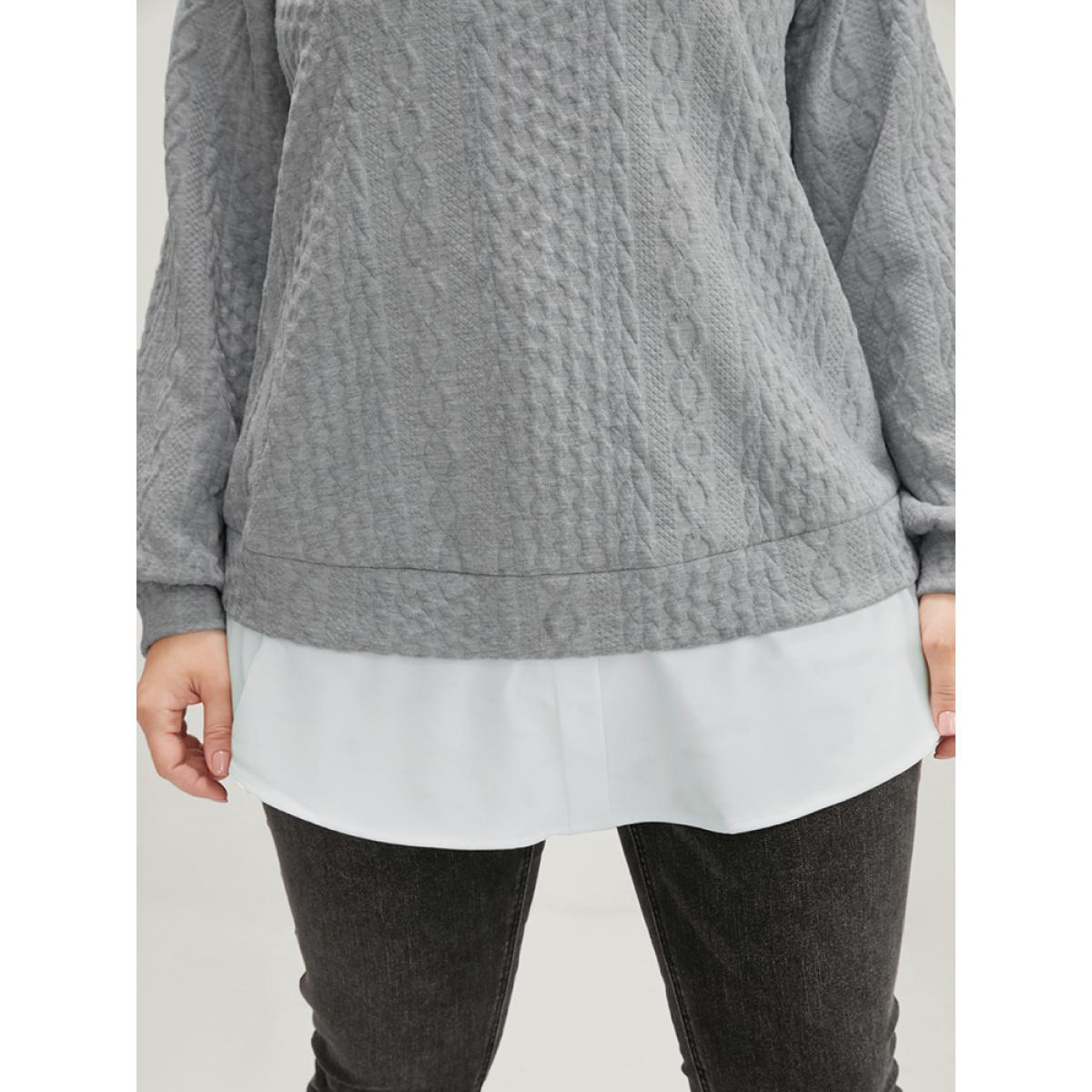 Plus Size Solid Textured Round Neck 2-In-1 Sweatshirt Women Gray Casual Patchwork Round Neck Dailywear Sweatshirts BloomChic 10/M Product Image