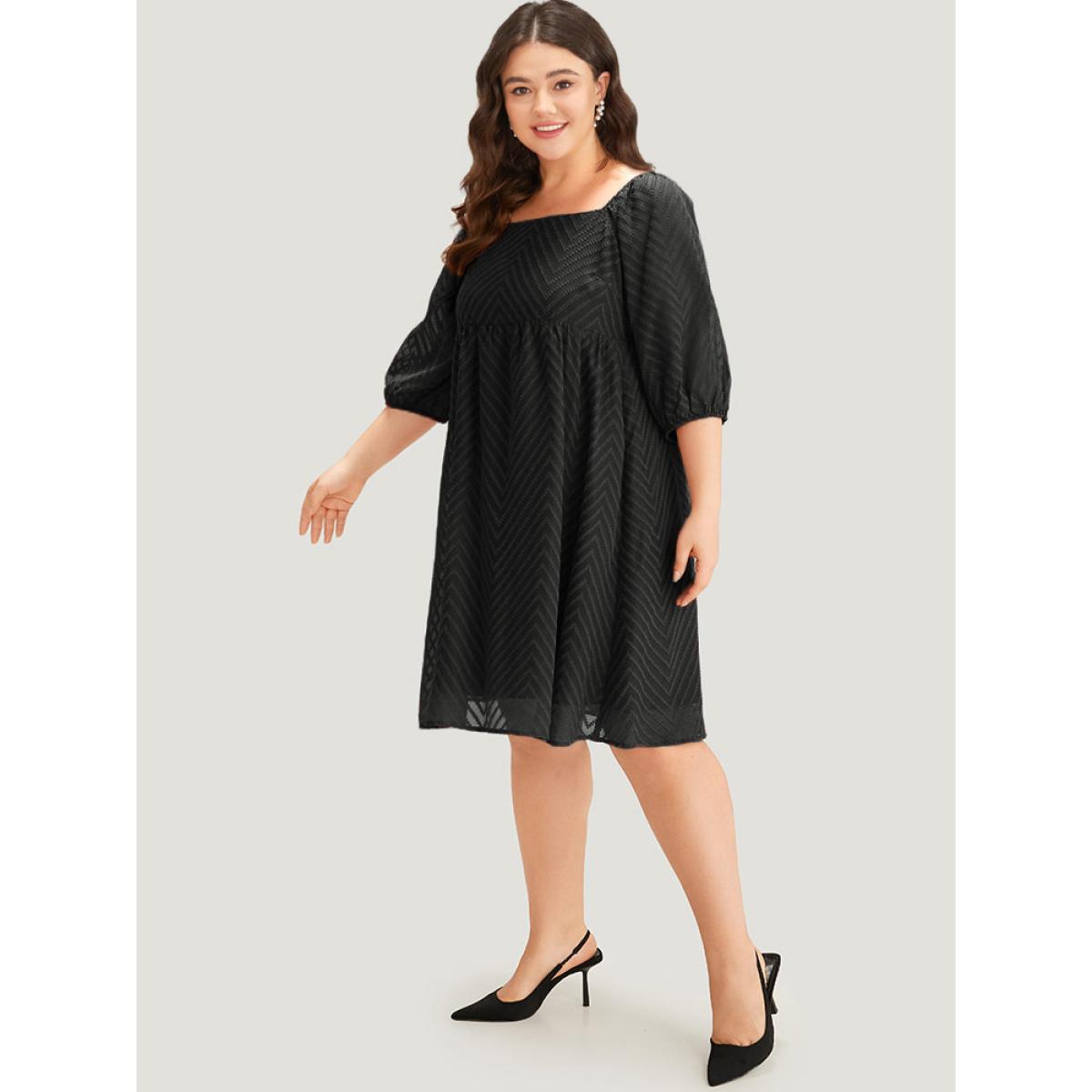 Plus Size Plisse Solid Square Neck Lantern Sleeve Dress Black Women Office Lined Square Neck Half Sleeve Curvy Midi Dress BloomChic 30/6X Product Image