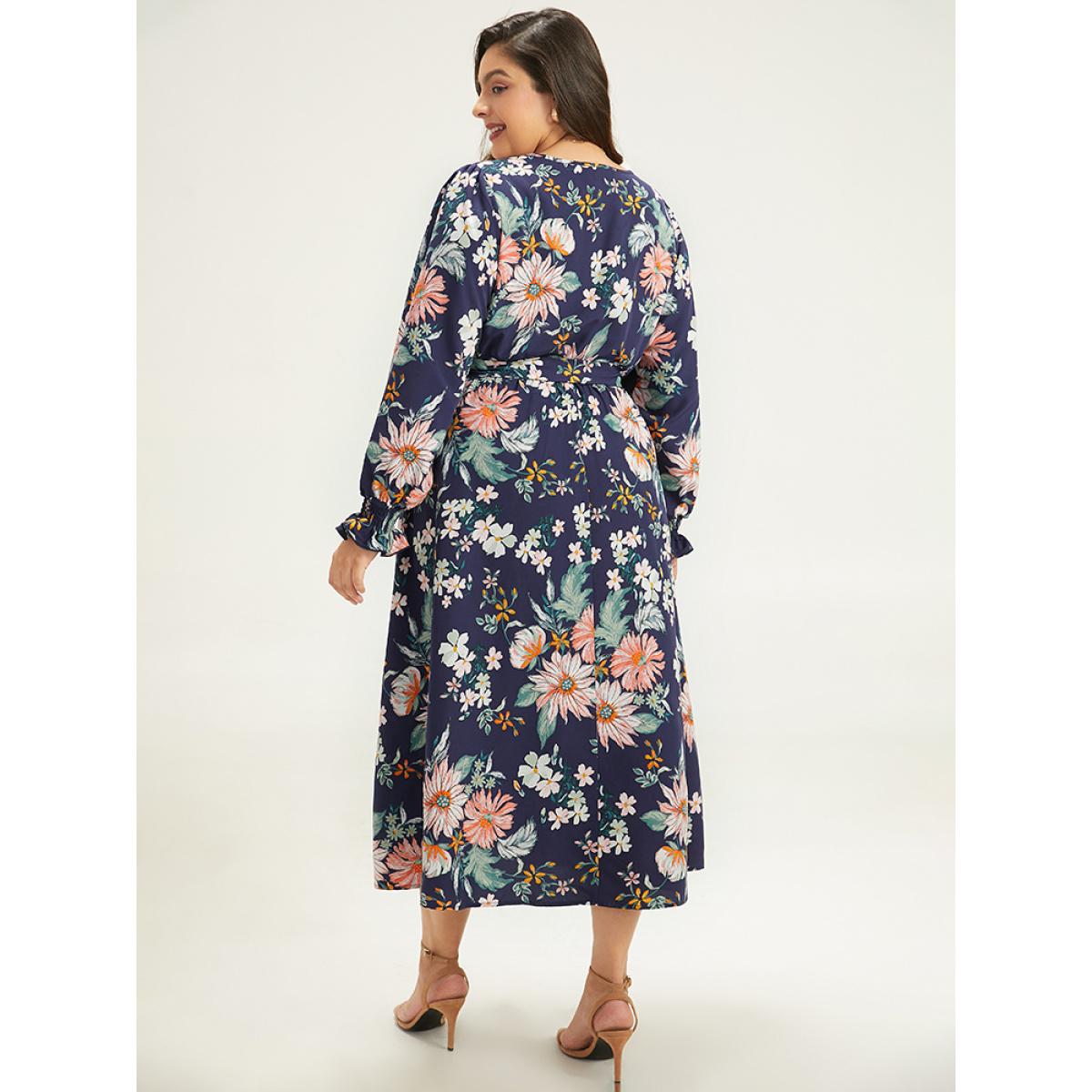 Plus Size Floral Print Overlap Collar Shirred Dress DarkBlue Women Elegant Belted V-neck Long Sleeve Curvy Midi Dress BloomChic 14-16/1X Product Image