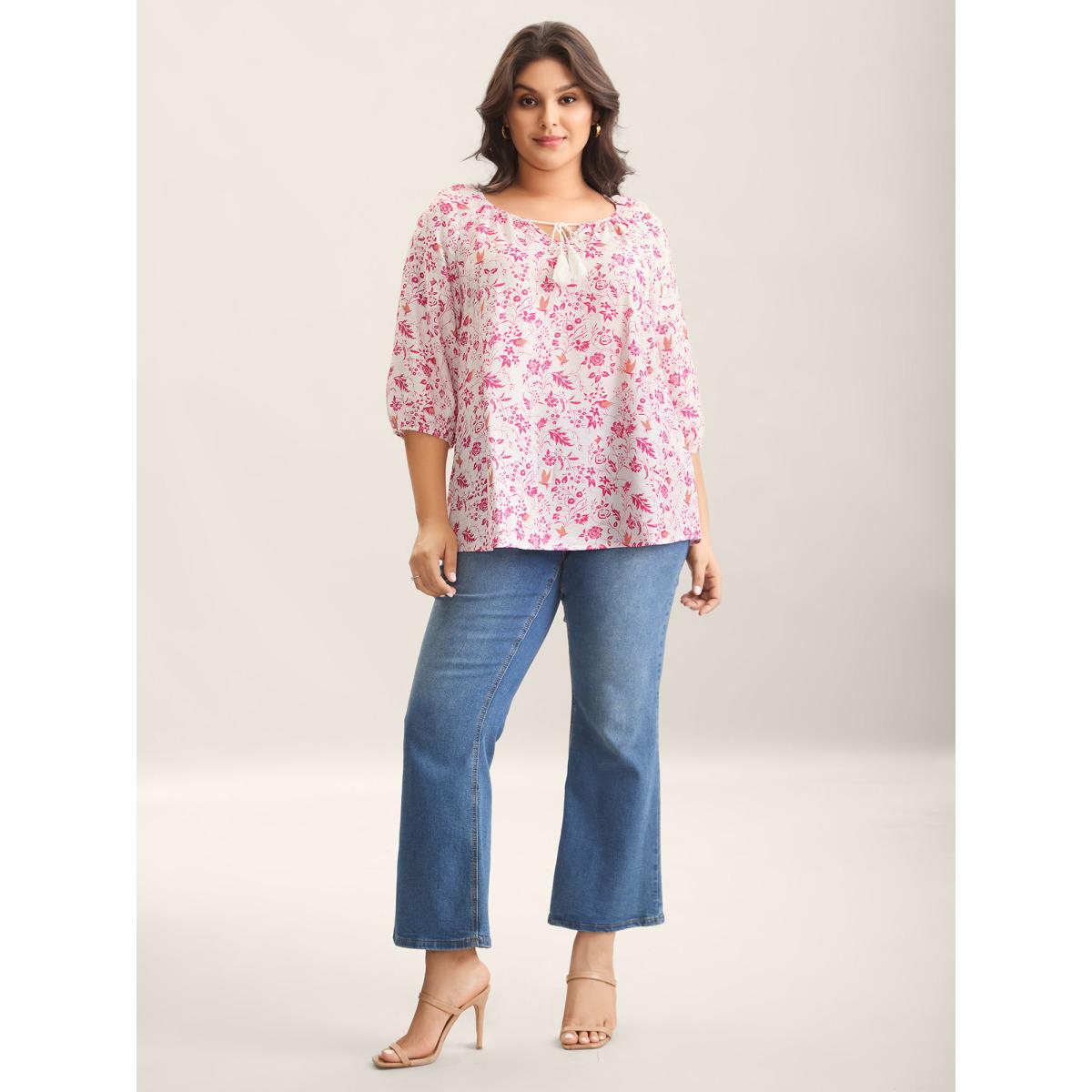 Plus Size Originalwhite Silhouette Floral Print Neck Tassels Blouse Women Timeless Elbow-length sleeve Notched collar Elegant Blouses BloomChic 10/M Product Image