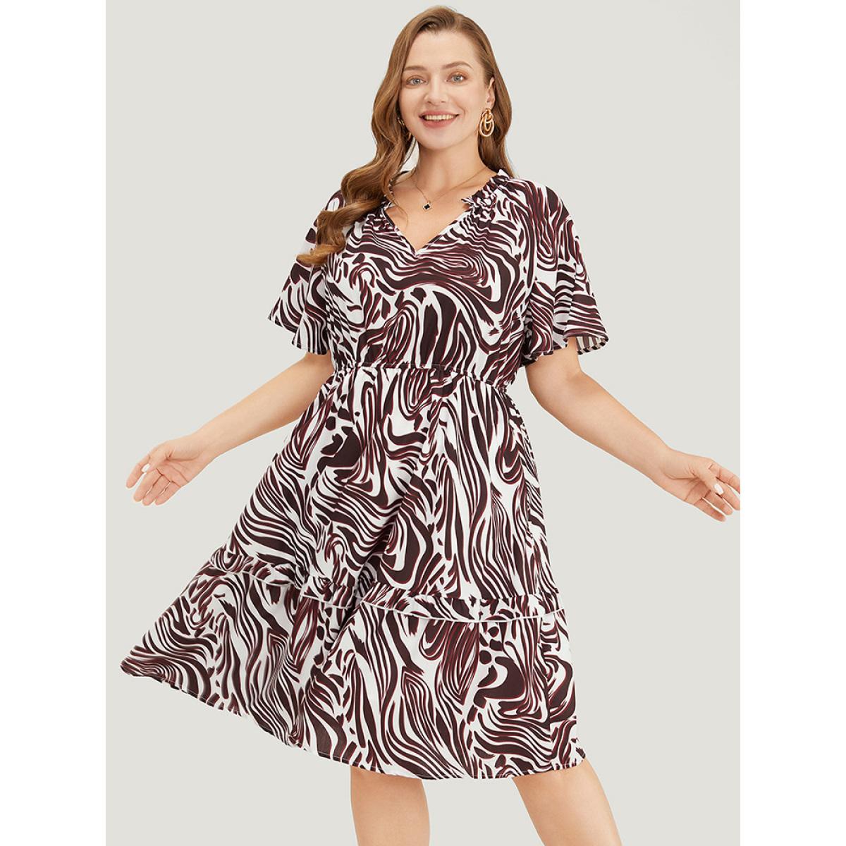 Plus Size Zebra Print Frill Trim Pocket Ruffle Sleeve Dress Multicolor Women Elegant Contrast V-neck Short sleeve Curvy Knee Dress BloomChic 18-20/2X Product Image