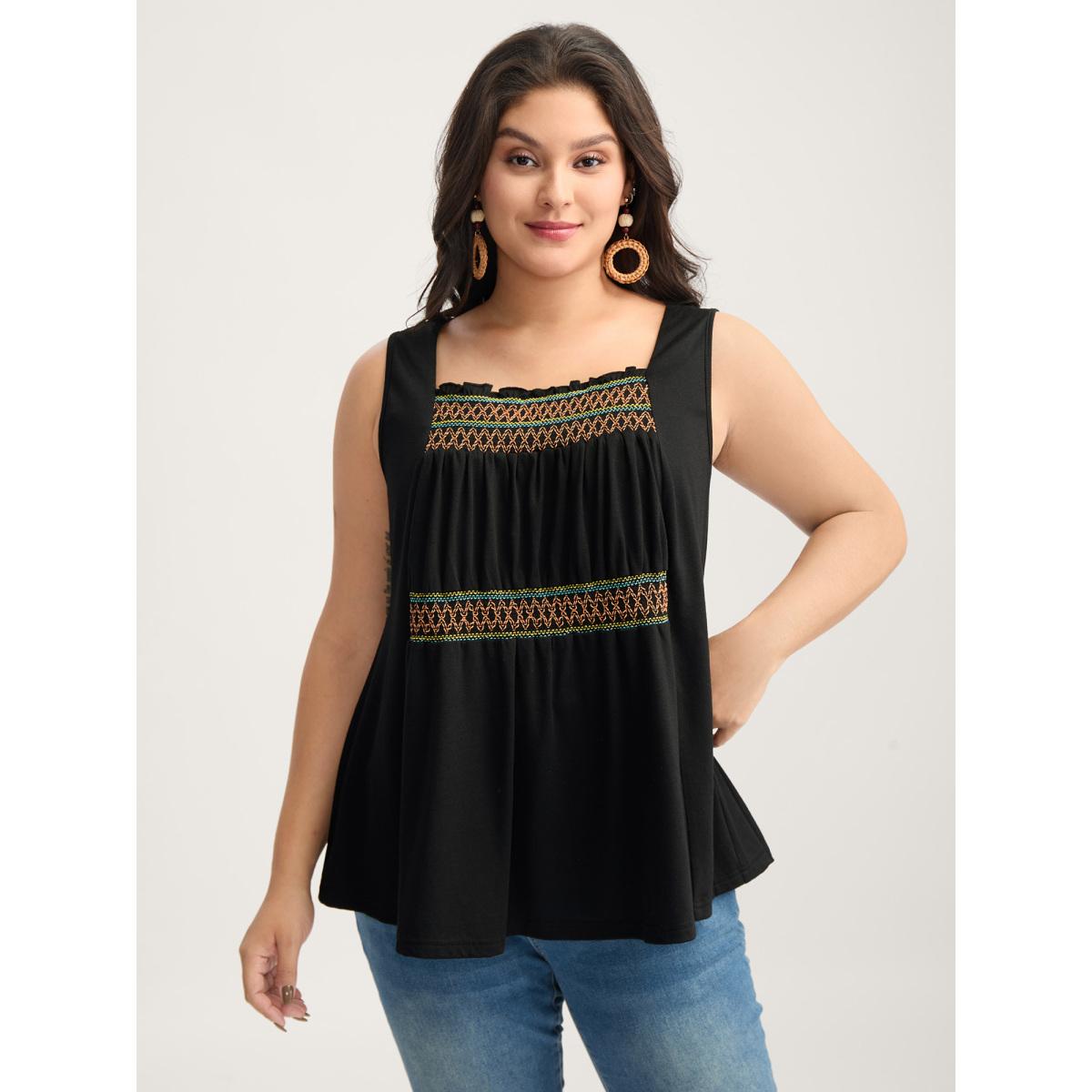 Plus Size Colorful Shirred Detail Offsleeves Tank Top Women Black Gathered Non Vacation Tank Tops Camis BloomChic 22-24/3X Product Image
