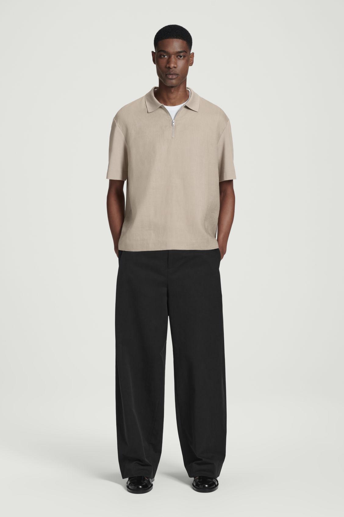 CONTRAST-PANEL LINEN HALF-ZIP POLO SHIRT Product Image