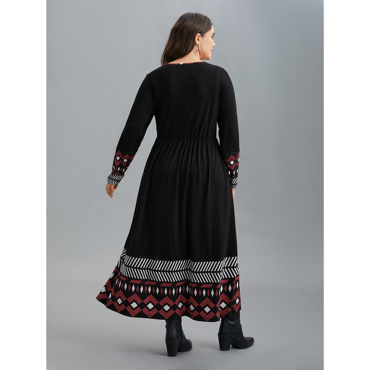 Plus Size Crew Neck Geometric Print Patchwork Dress BlackFlower Women Casual Non Knit Dresses Bloomchic 28/5X Product Image