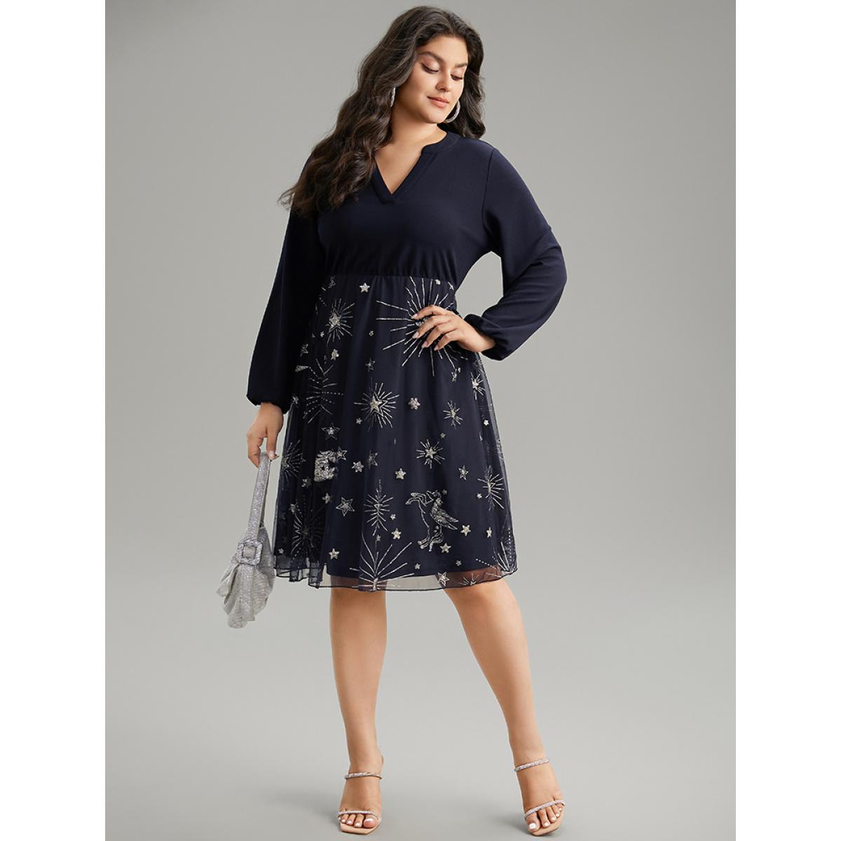 Plus Size Star Glitter Mesh Patchwork Notched Dress Midnight Women Party Elastic cuffs Notched collar Long Sleeve Curvy Midi Dress BloomChic 10/M Product Image