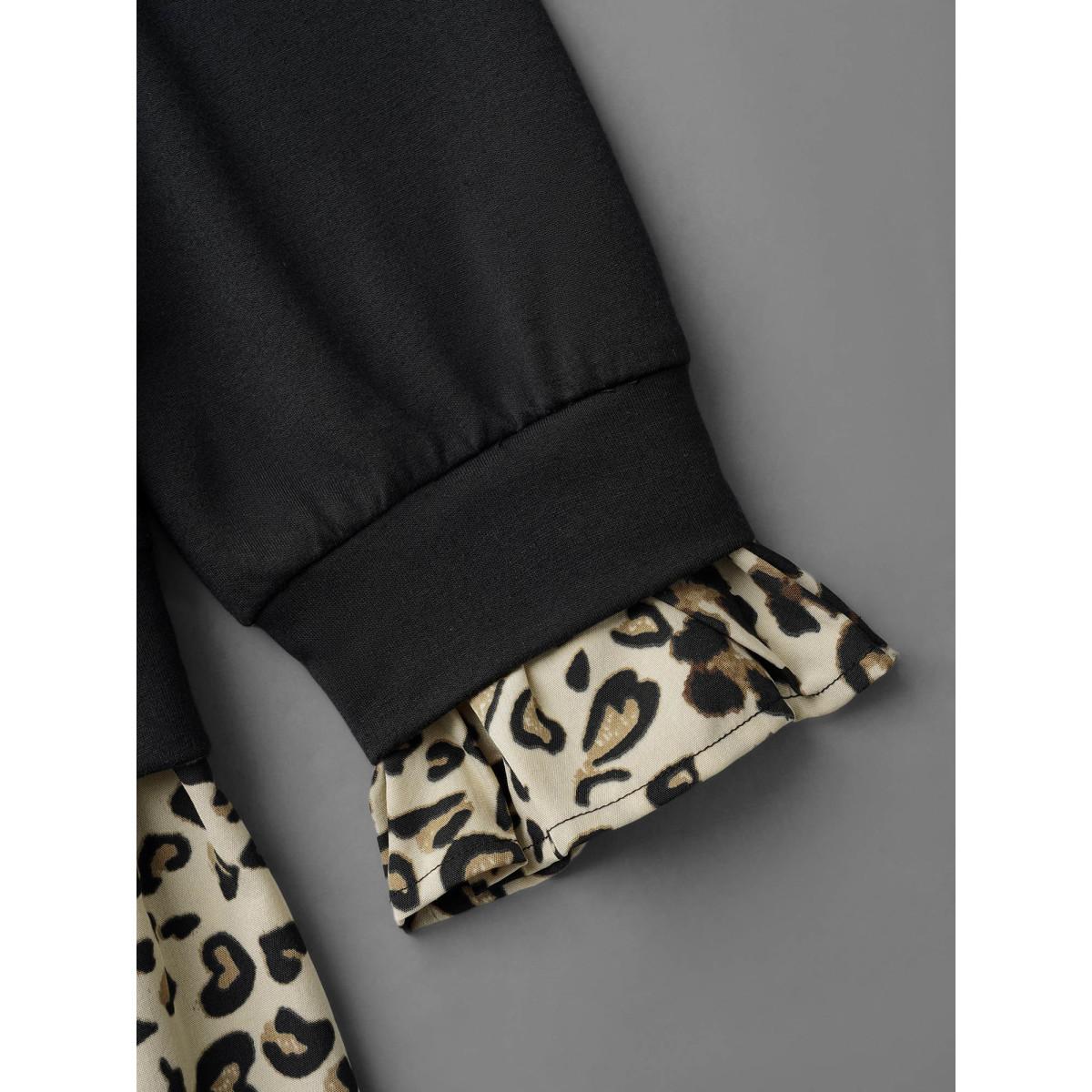 Plus Size Peter Pan Collar Leopard Print Patchwork Sweatshirt Women Black Elegant Contrast Peter Pan collar Everyday Sweatshirts BloomChic 10/M Product Image