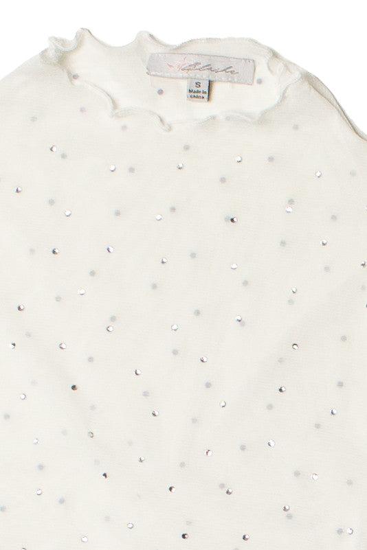 Long Sleeve Fur Trim Rhinestone Mesh Top Product Image
