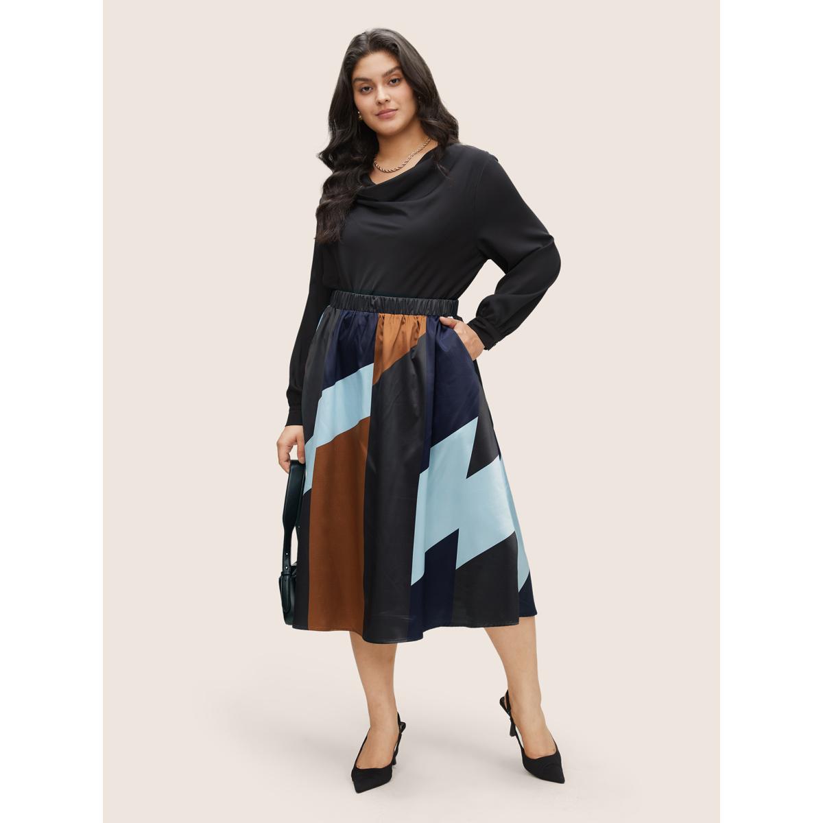Plus Size Colorblock Contrast Pocket Cropped Skirt Women Multicolor At the Office Non No stretch Slanted pocket Work Skirts BloomChic 18-20/2X Product Image