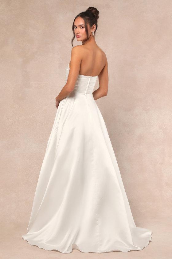 Khalida White Satin Pleated Strapless Gown Product Image