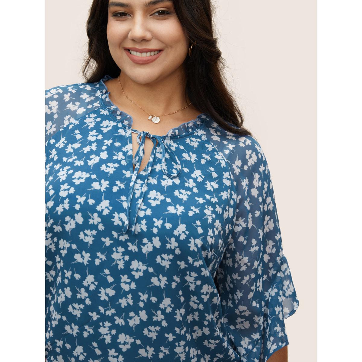 Plus Size Cerulean Floral Tie Knot Flutters Bell Sleeve Blouse Women Elegant Half Sleeve V-neck Everyday Blouses BloomChic 26/4X Product Image