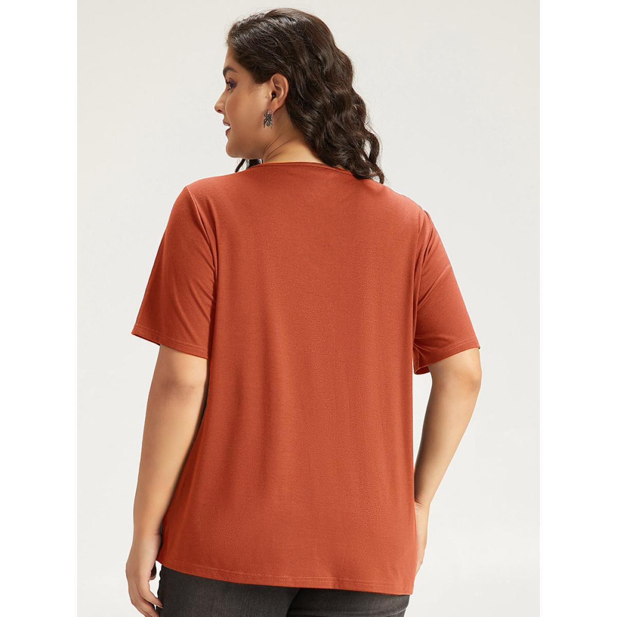 Plus Size Halloween Skull Print Crisscross V Neck T-shirt Chocolate Women Casual Printed Halloween Festival-Halloween T-shirts BloomChic 26/4X Product Image