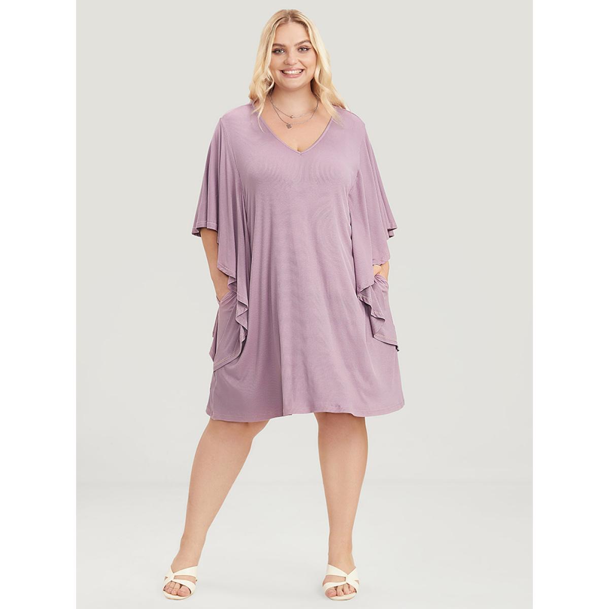 Plus Size Solid Dolman Sleeve Ruffle Trim Pocket Rib Knit Knee Dress Mauve Women Casual Pocket V-neck Half Sleeve Curvy Knee Dress BloomChic 12/L Product Image