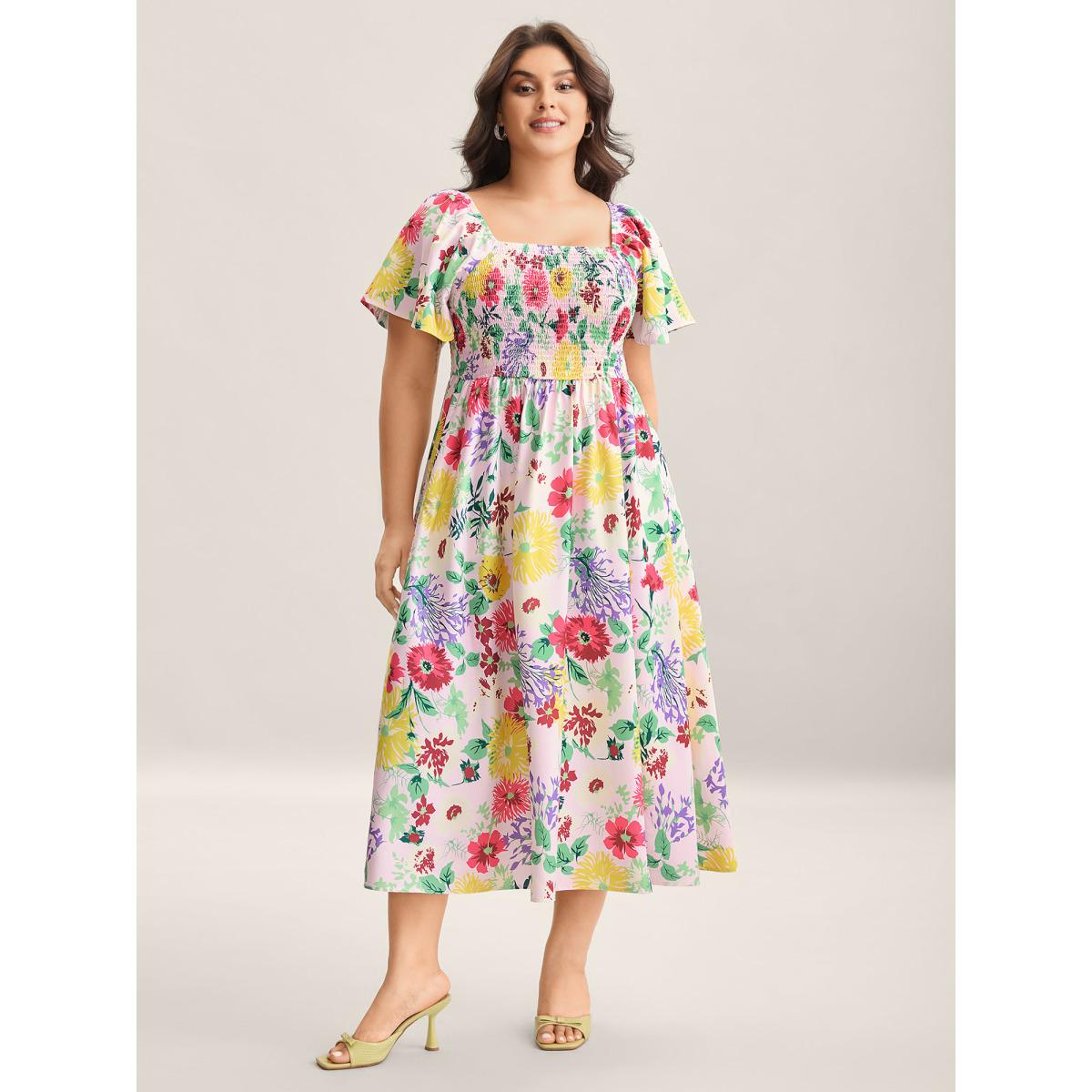Plus Size Floral Shirred Square Neck Pocket Midi Dress Lightpink Women Romantic Non Square Neck Short sleeve Curvy Midi Dress BloomChic 28/5X Product Image