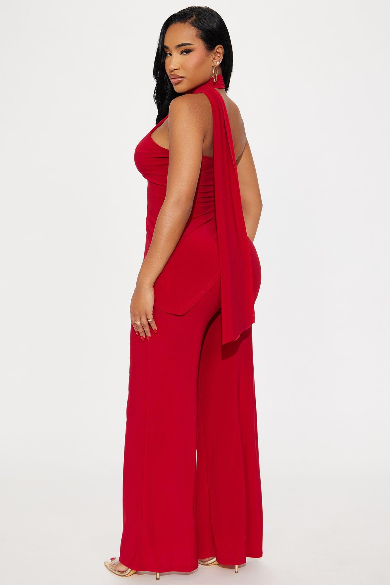 Valeria Asymmetrical Scarf Halter Pant Set - Red Female Product Image