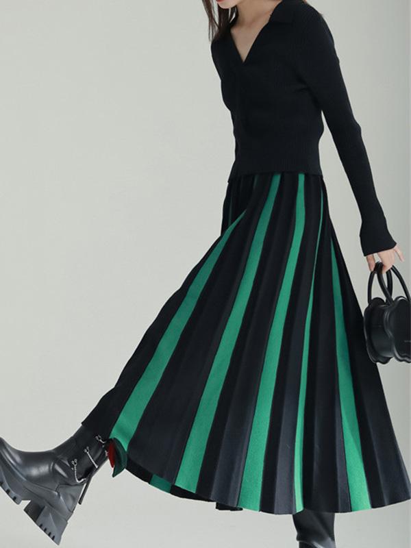 A-Line Loose Contrast Color Pleated Skirts Bottoms Product Image