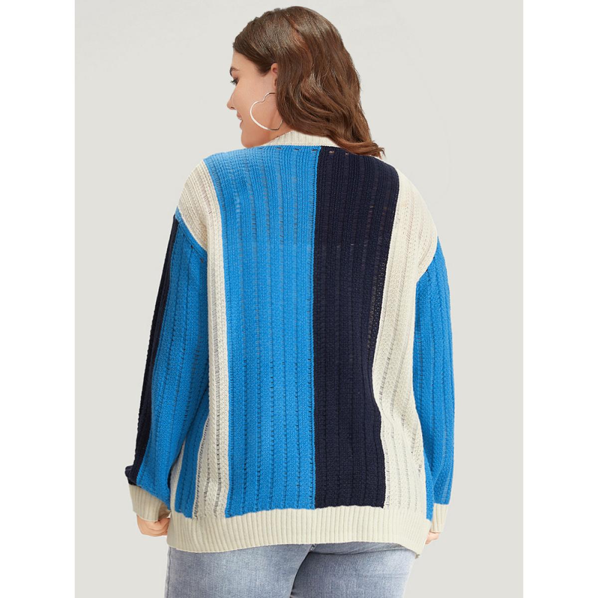 Plus Size Colorblock Contrast Button Down Drop Shoulder Cardigan Blue Women Casual Loose Long Sleeve Everyday Cardigans BloomChic 22-24/3X Product Image