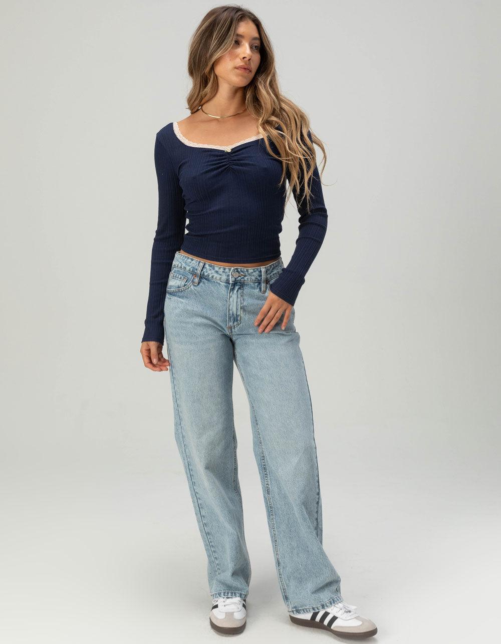 RSQ Womens Lace Trim Texture Long Sleeve Top - HEATHER GRAY Product Image