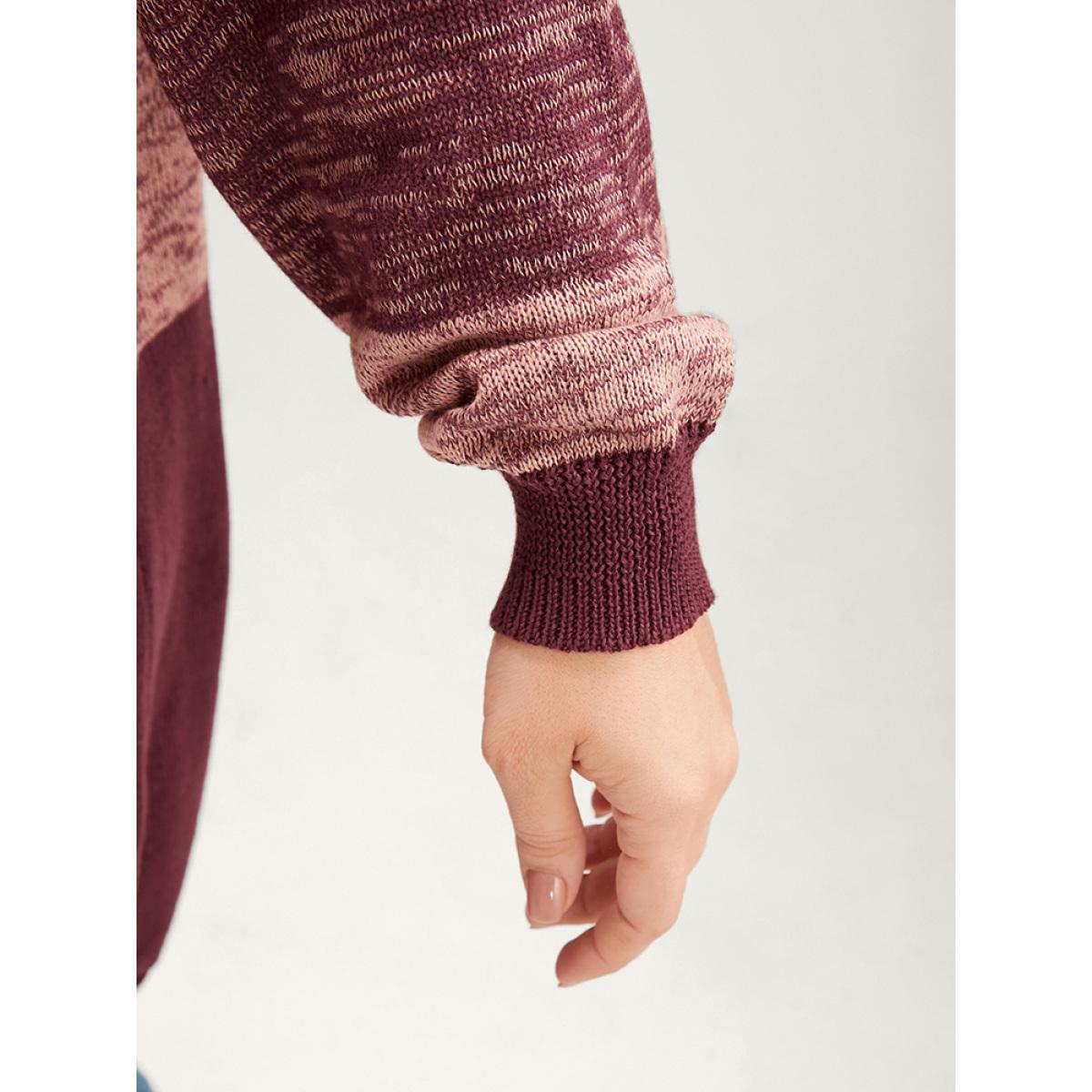 Plus Size Colorblock Contrast Pointelle Knit Button Front Heather Cardigan RedViolet Women Casual Loose Long Sleeve Dailywear Cardigans BloomChic 28/5X Product Image