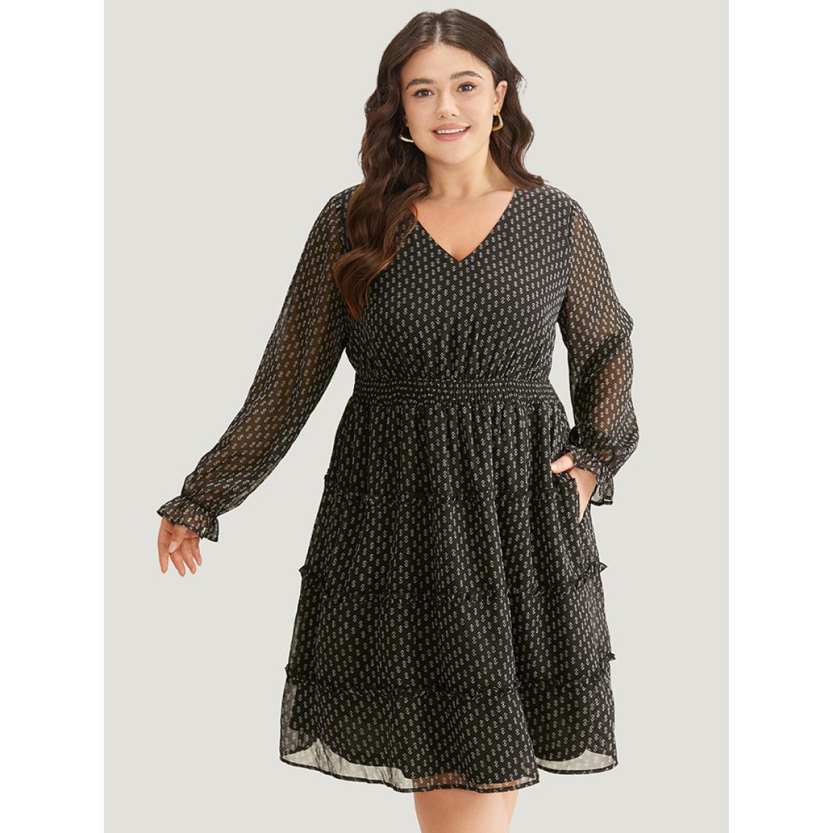Plus Size Geometric Shirred Mesh Frill Trim Dress BlackFlower Women At the Office See through V-neck Long Sleeve Curvy Midi Dress BloomChic 18-20/2X Product Image