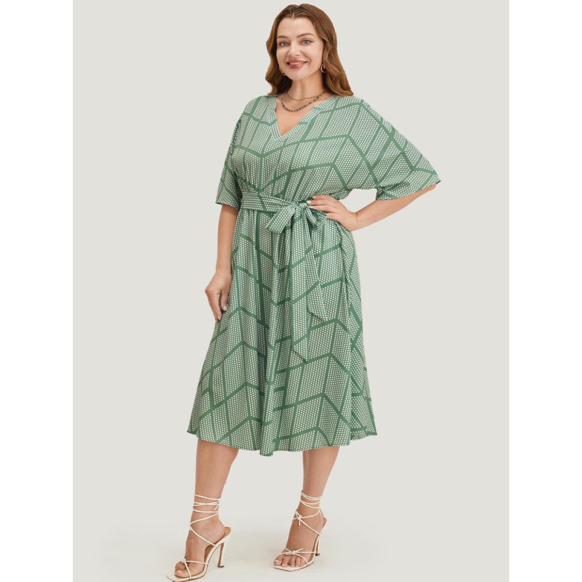 Plus Size Geometric Print Dolman Sleeve Pocket Belted Ruffles Dress Mint Women Office Cross straps V-neck Short sleeve Curvy Midi Dress BloomChic 28/5X Product Image