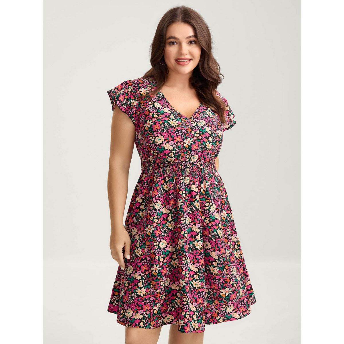 Plus Size Floral Print Shirred Waist Ruffled Midi Dress Peach Women Leisure V-neck Short sleeve Curvy BloomChic 14-16/1X Product Image