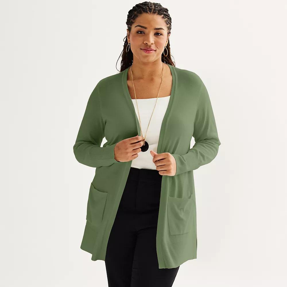 Plus Size Nine West Essential Pocketed Cardigan, Women's, Size: 2XL, Camden Green Product Image