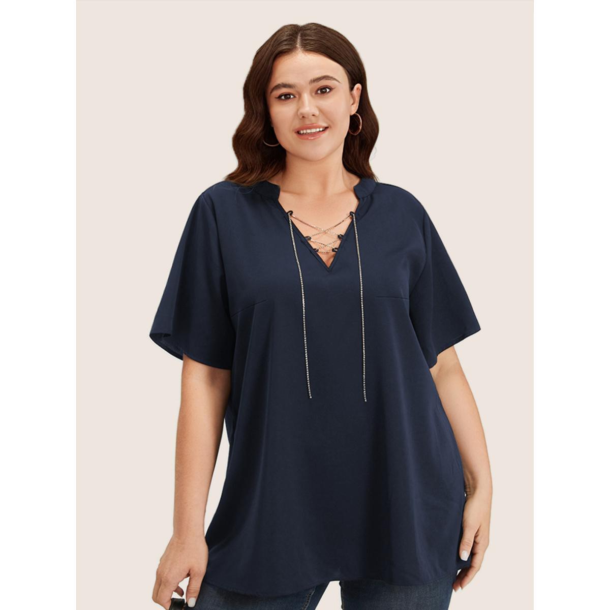 Plus Size Indigo Solid Crisscross Notched Metal Decor Blouse Women Office Short sleeve Notched collar Office Blouses BloomChic 10/M Product Image