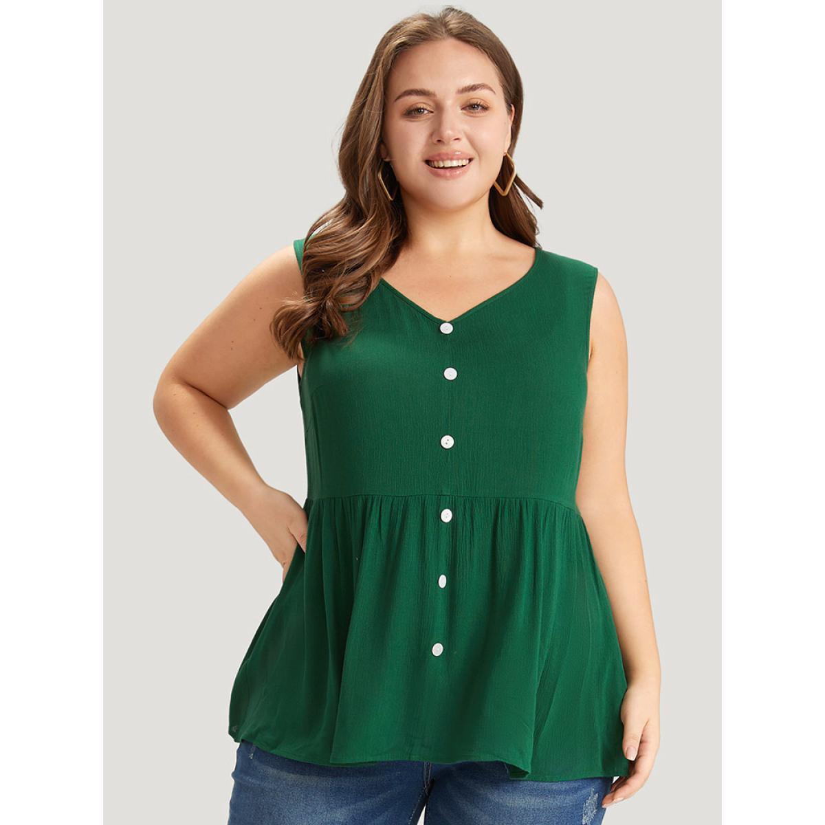 Plus Size Plain Flutter Hem Button Detail Tank Top Women DarkGreen Elegant Button V-neck Dailywear Tank Tops Camis BloomChic 30/6X Product Image