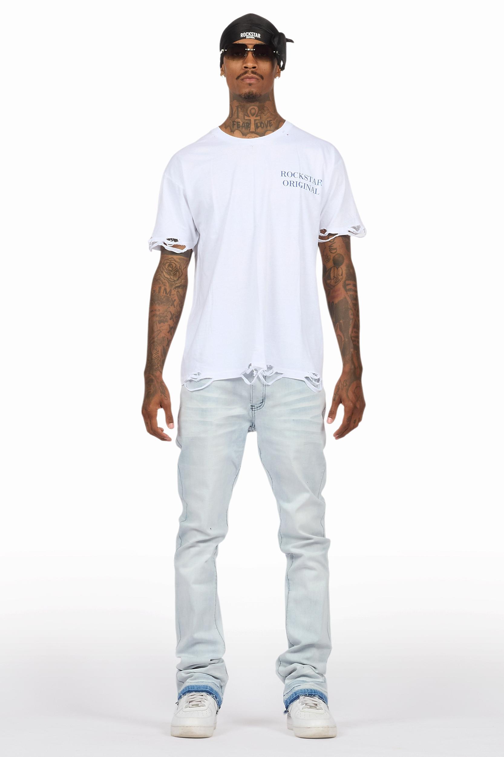 Drako White/Blue Oversized Graphic T-Shirt/Dag Stacked Flare Jean Set Male Product Image