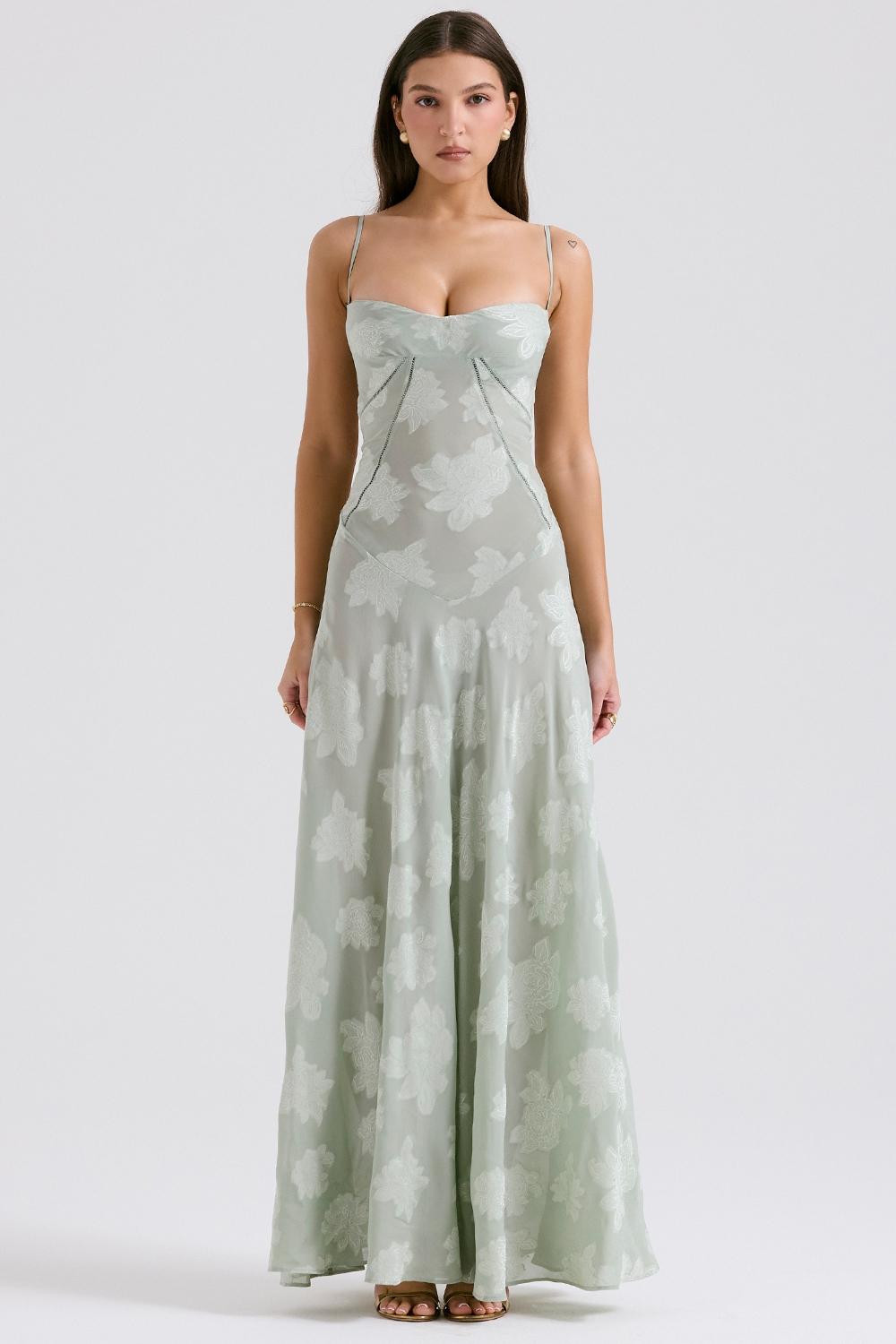 Seren  pistachio floral lace back maxi dress Product Image