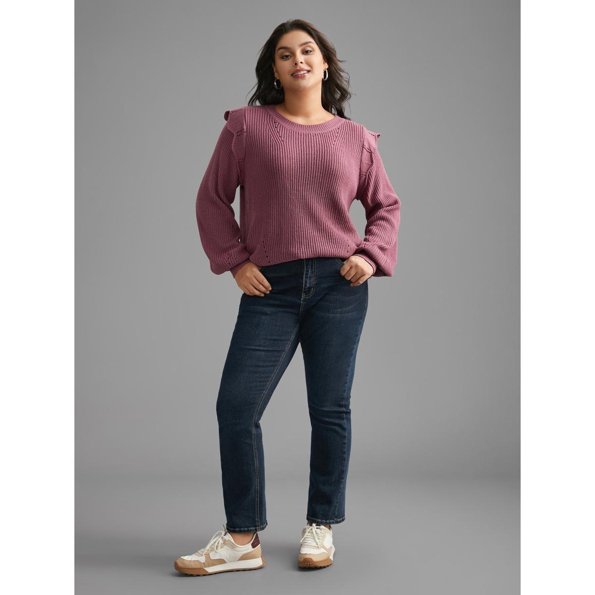 Plus Size Plain Texture Trim Lantern Sleeve Pullover DustyPink Women Casual Loose Long Sleeve Round Neck Everyday Pullovers BloomChic 14-16/1X Product Image