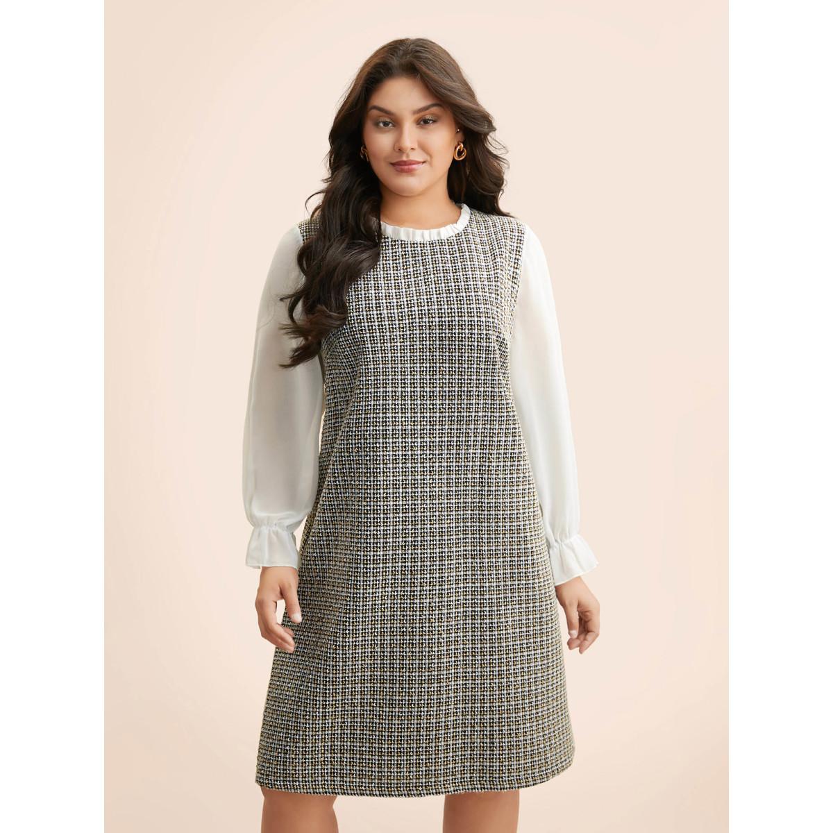 Plus Size Tweed Patchwork Ruffle Trim Dress Black Women Elegant Texture Mock Neck Long Sleeve Curvy BloomChic 30/6X Product Image