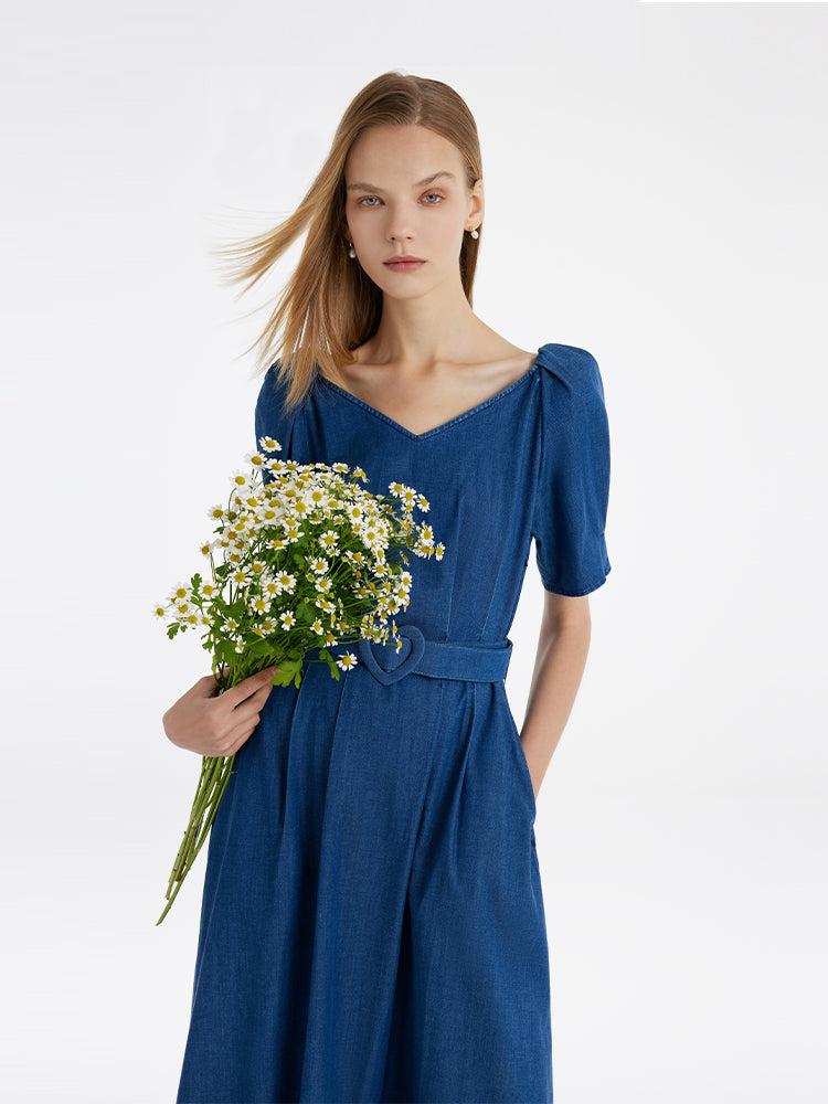 Denim Women Midi Dress With Heart-Shaped Buckle Belt Product Image