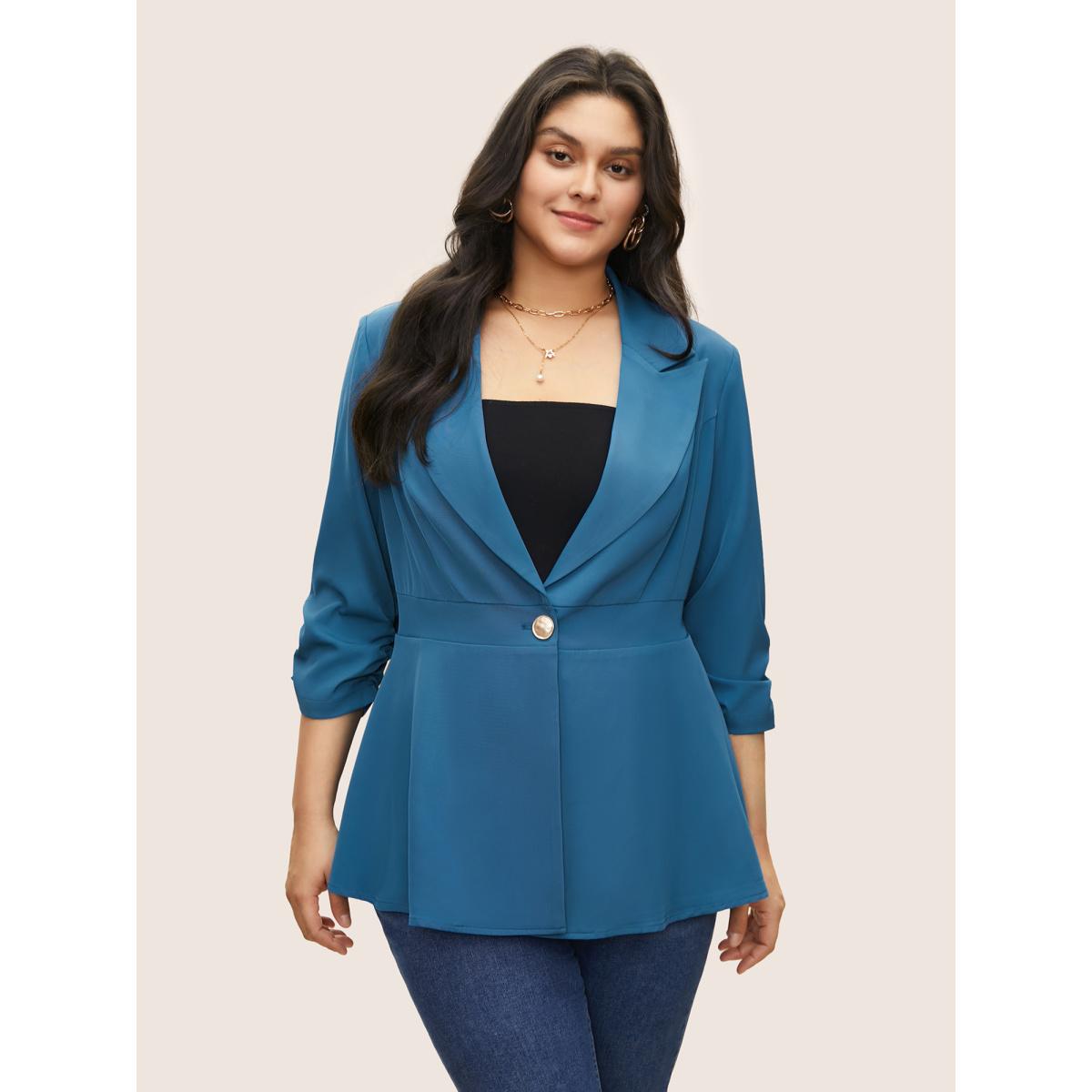 Plus Size Suit Collar Gathered Lined Floral Blazer Cerulean Women Work Plain Non Sleeve Elbow-length sleeve Suit Collar 14-16/1X Slanted pocket At the Office Blazers BloomChic Product Image