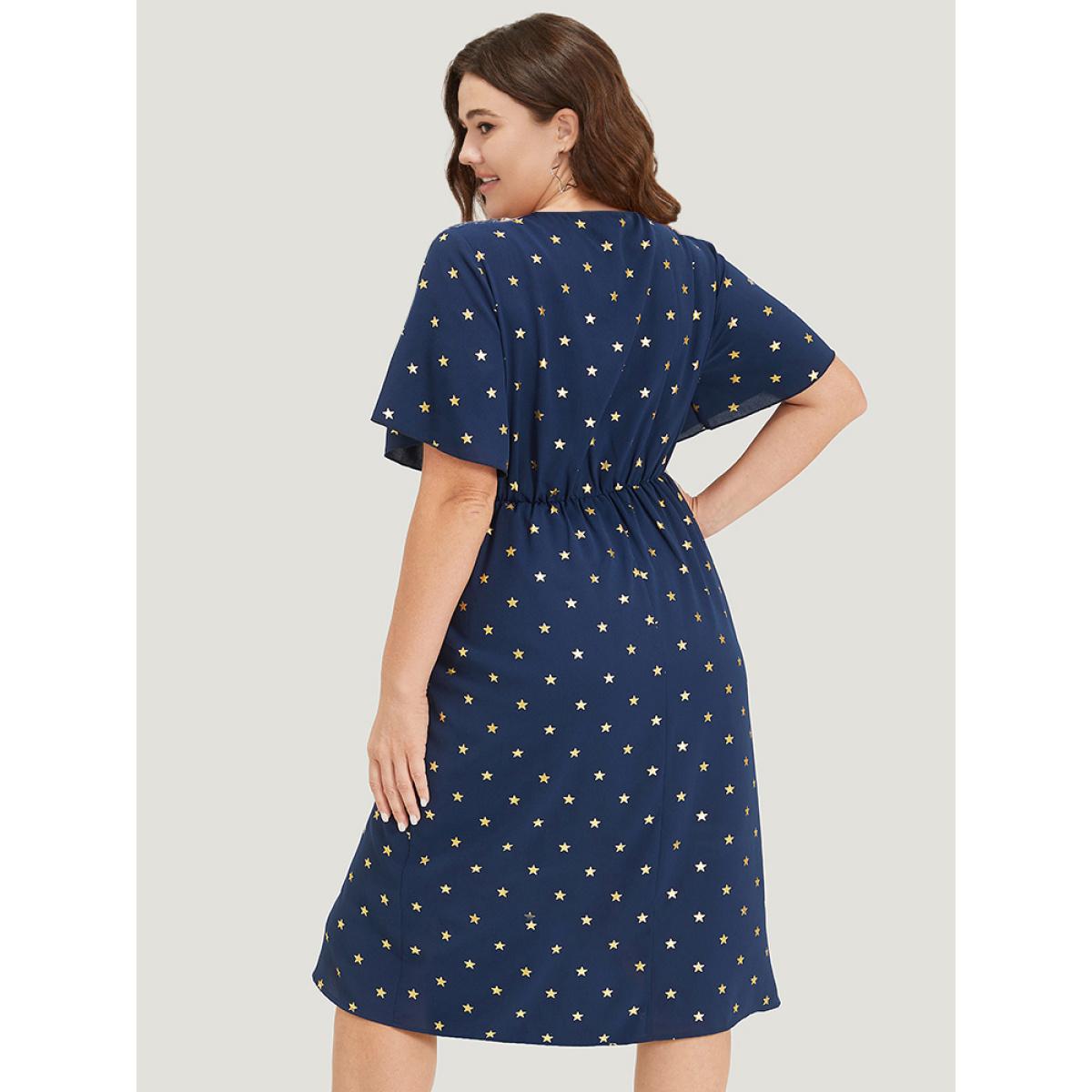 Plus Size Star Wrap Ties Pocket Ruffle Sleeve Dress Indigo Women Party Wrap Overlap Collar Sleeveless Curvy Midi Dress BloomChic 28/5X Product Image