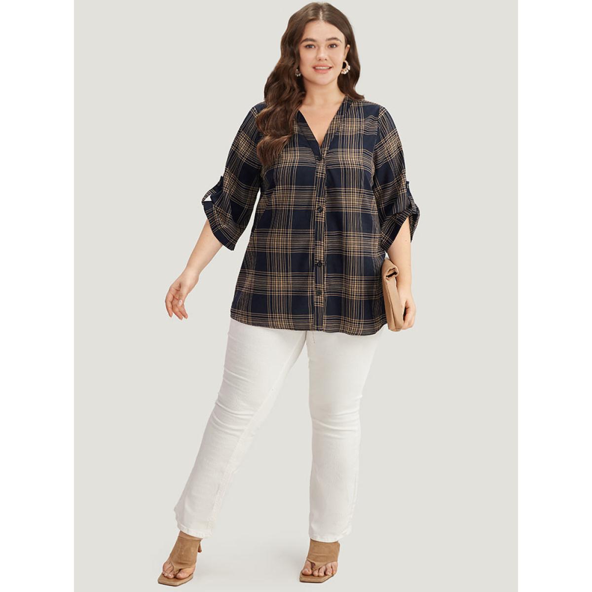 Plus Size Indigo Plaid Button Through Roll Tab Sleeve Blouse Women Office Half Sleeve V-neck Office Blouses BloomChic 18-20/2X Product Image
