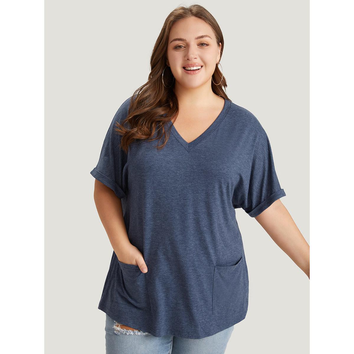 Plus Size Plain Patched Pocket Cuffed Sleeve Heather T-shirt Blue Women Casual Heather Plain V-neck Dailywear T-shirts BloomChic 28/5X Product Image