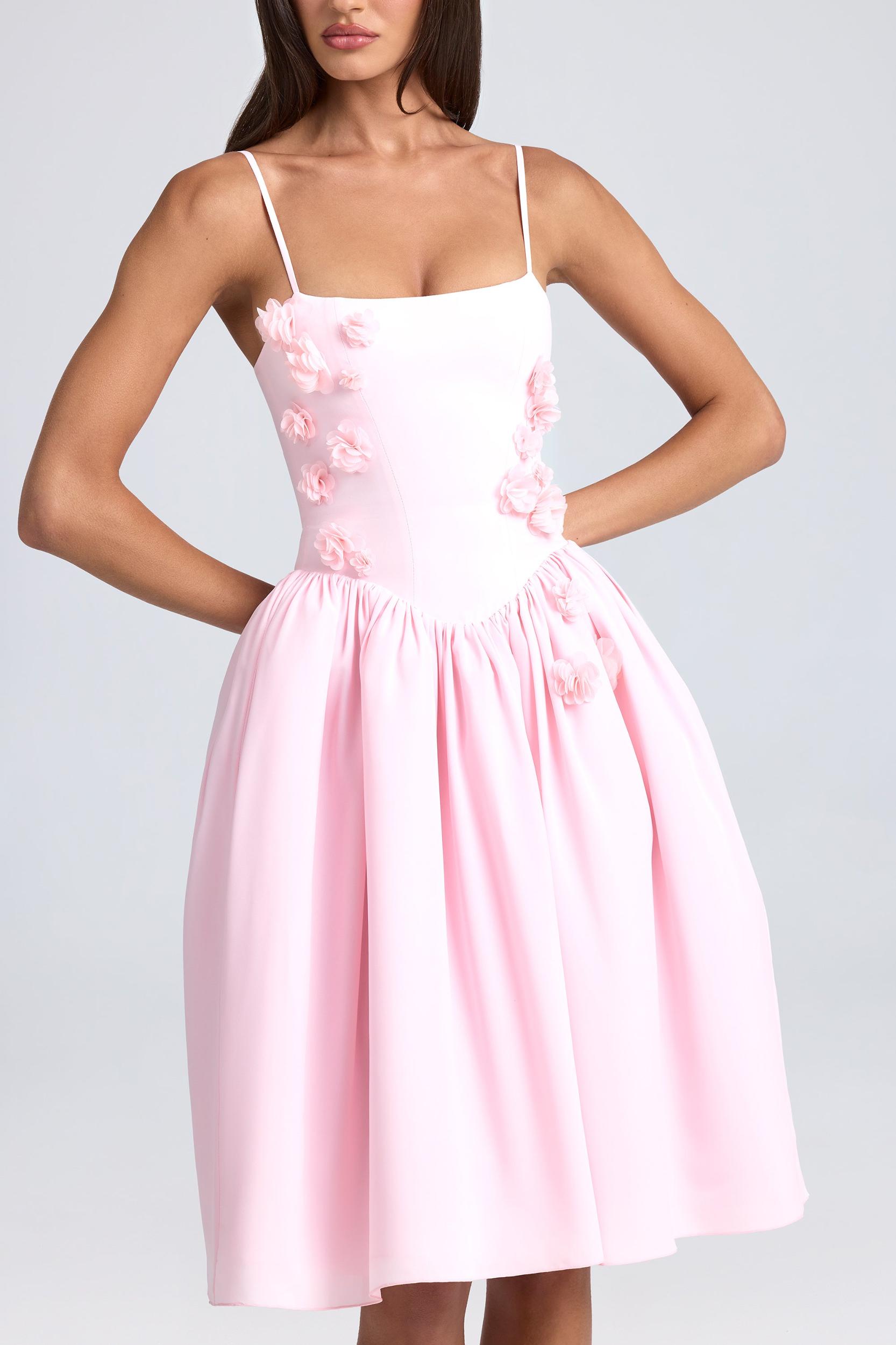 Floral-Appliqué Midi Dress in Blush Product Image