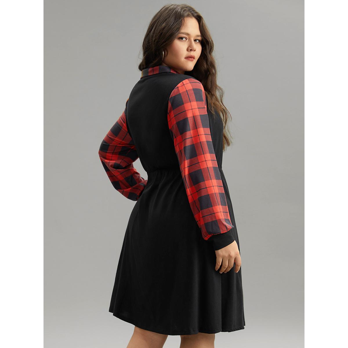 Plus Size Supersoft Essentials Plaid Patchwork Gathered Dress Black Women Casual Patchwork Lapel Collar Long Sleeve Curvy Knee Dress BloomChic 12/L Product Image