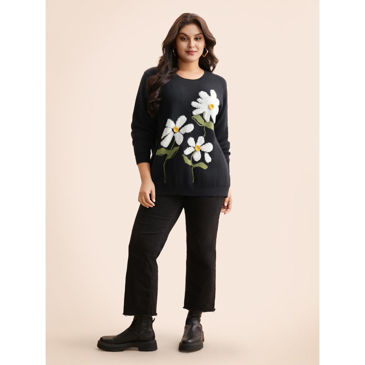 Plus Size Round Neck Floral Contrast Texture Pullover Indigo Women Playful Long Sleeve Round Neck Casual Pullovers BloomChic 30/6X Product Image