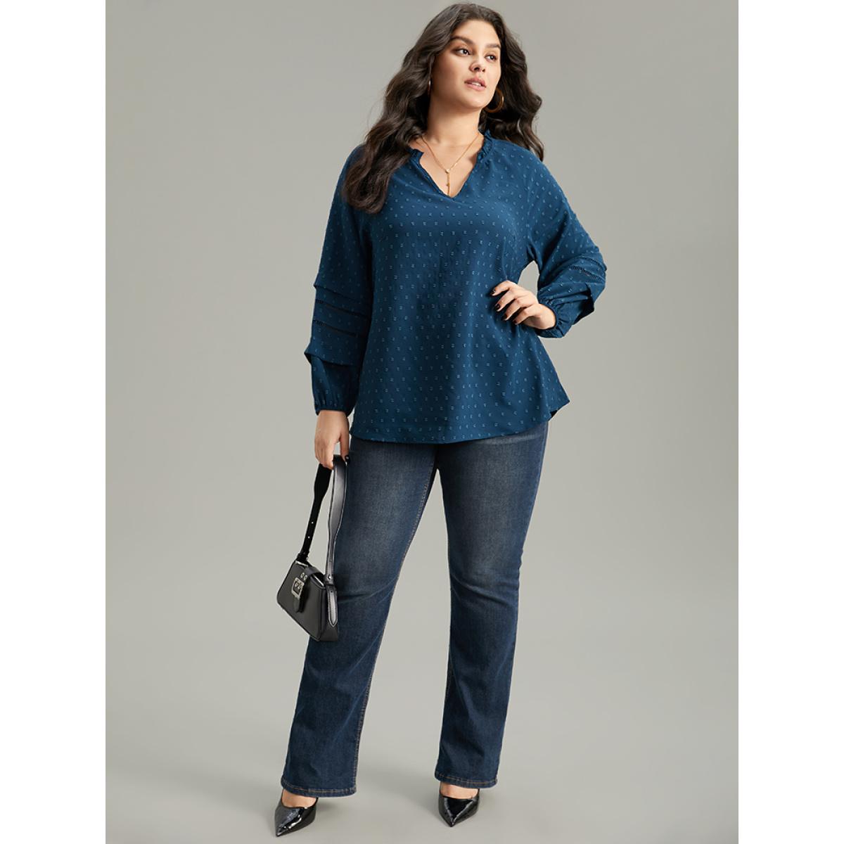 Plus Size Aegean Plain Textured Cut Out Frill Trim Lantern Sleeve Blouse Women Office Long Sleeve V-neck Office Blouses BloomChic 10/M Product Image