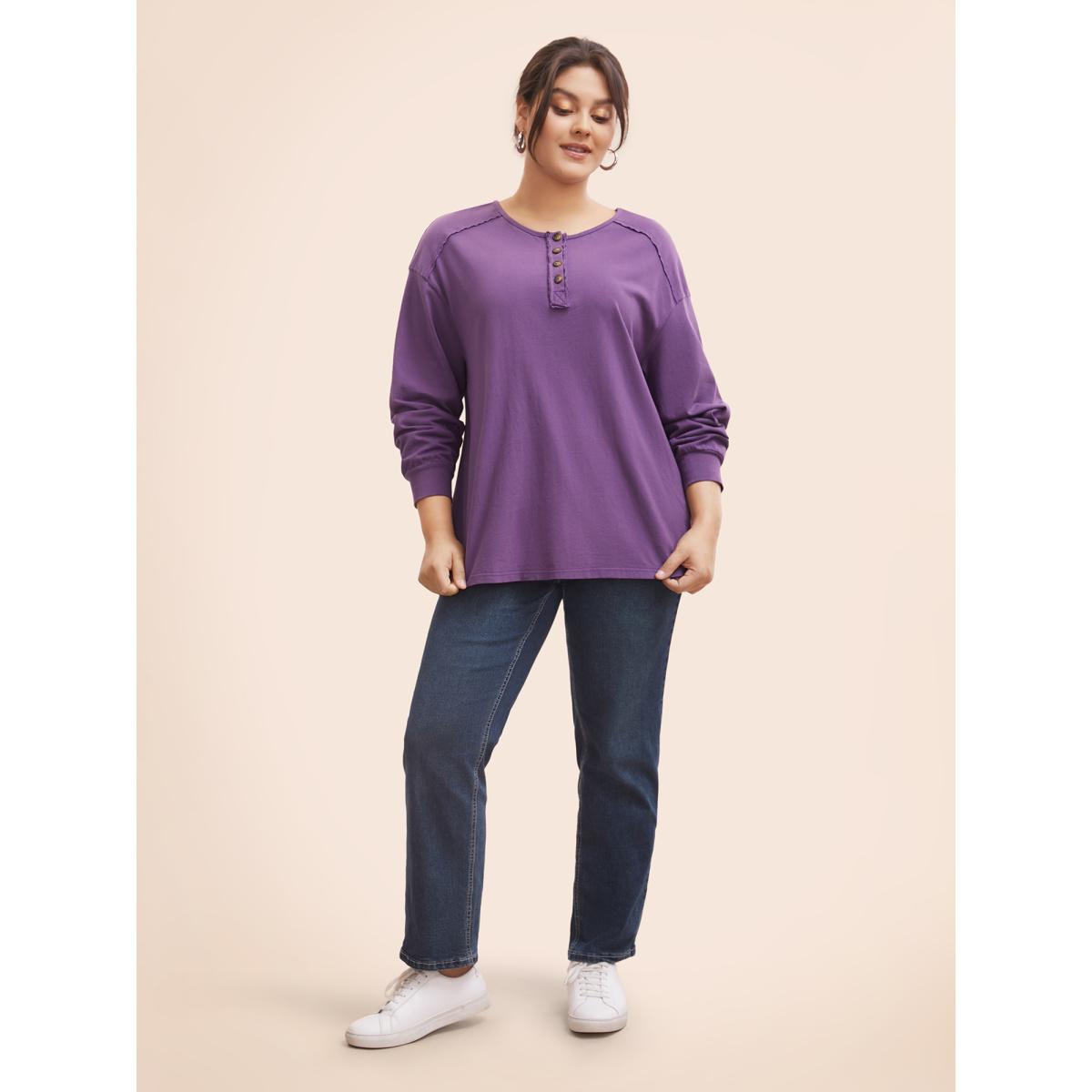 Plus Size Vintage Button Up Drop Shoulder T-shirt Deeppurple Women Casual Button Round Neck Everyday T-shirts BloomChic 14-16/1X Product Image