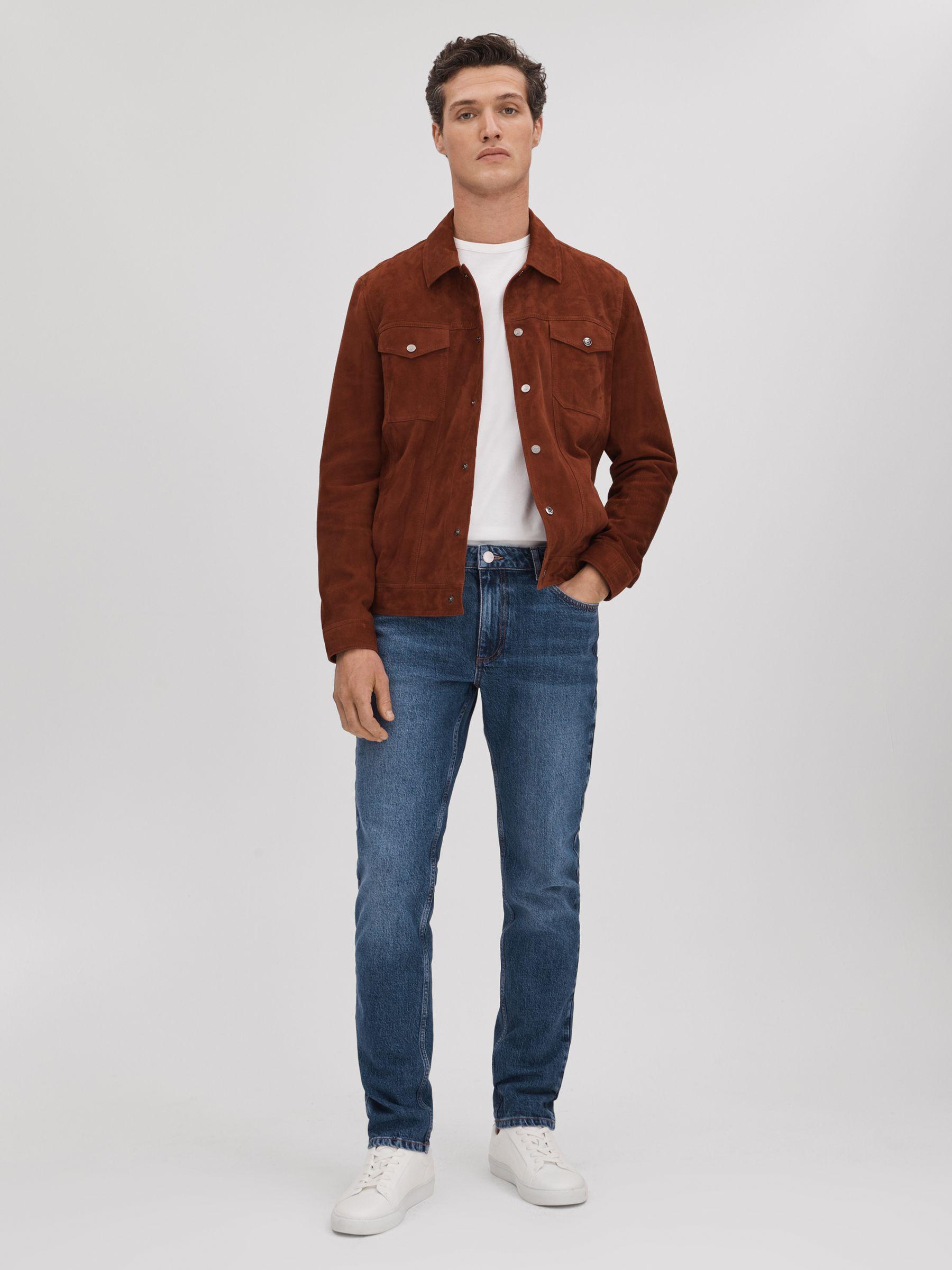 Tapered Slim Fit Washed Jeans in Mid Blue Wash Product Image