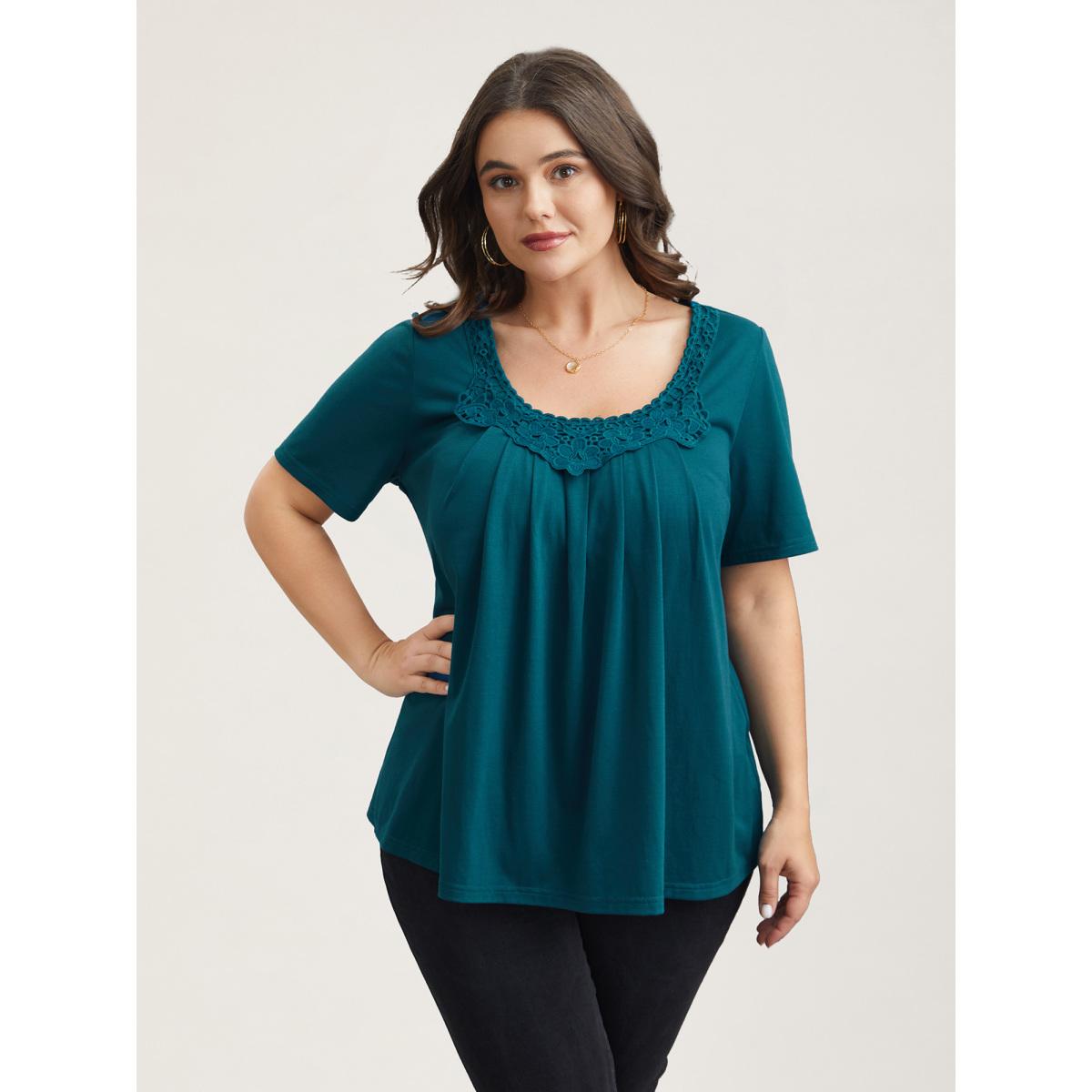 Plus Size Lace Trim Pleated Round Neck T-Shirt Cyan Women Leisure Woven ribbon&lace trim Lace collar Casual T-shirts BloomChic 12/L Product Image
