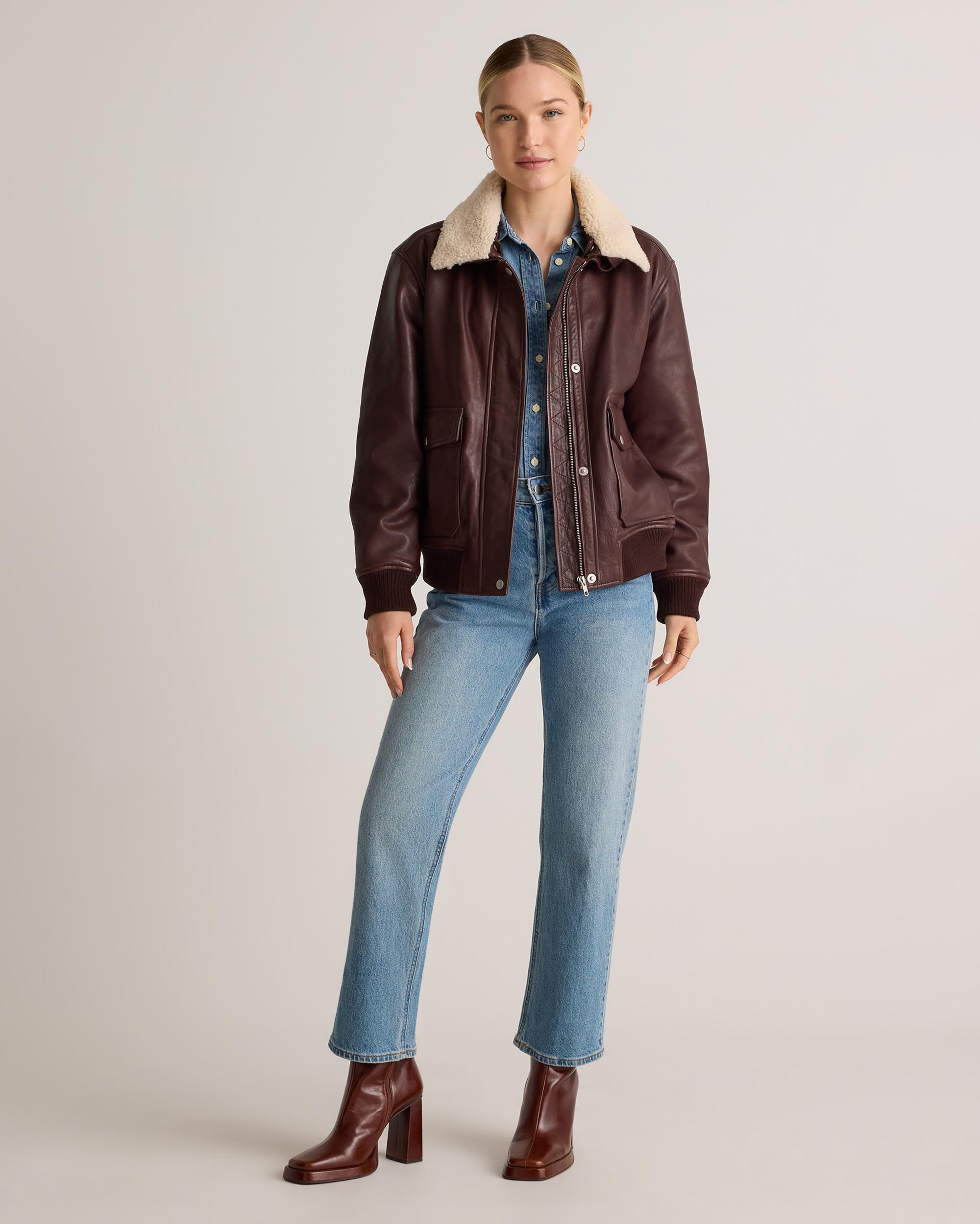 Quince | Women's Shearling Trim Aviator Jacket Leather Product Image