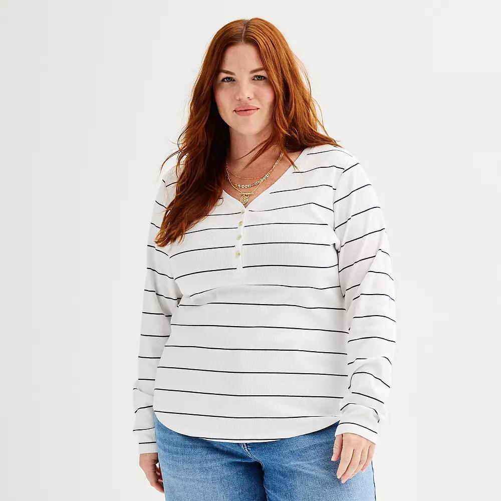 Plus Size Sonoma Goods For Life® Ribbed Long Sleeve Henley, Women's, Size: 1XL, White Blue Stripe Product Image