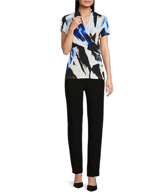 DKNY by Donna Karan Surplice V-Neck Printed Side Ruched Short Sleeve Top Product Image