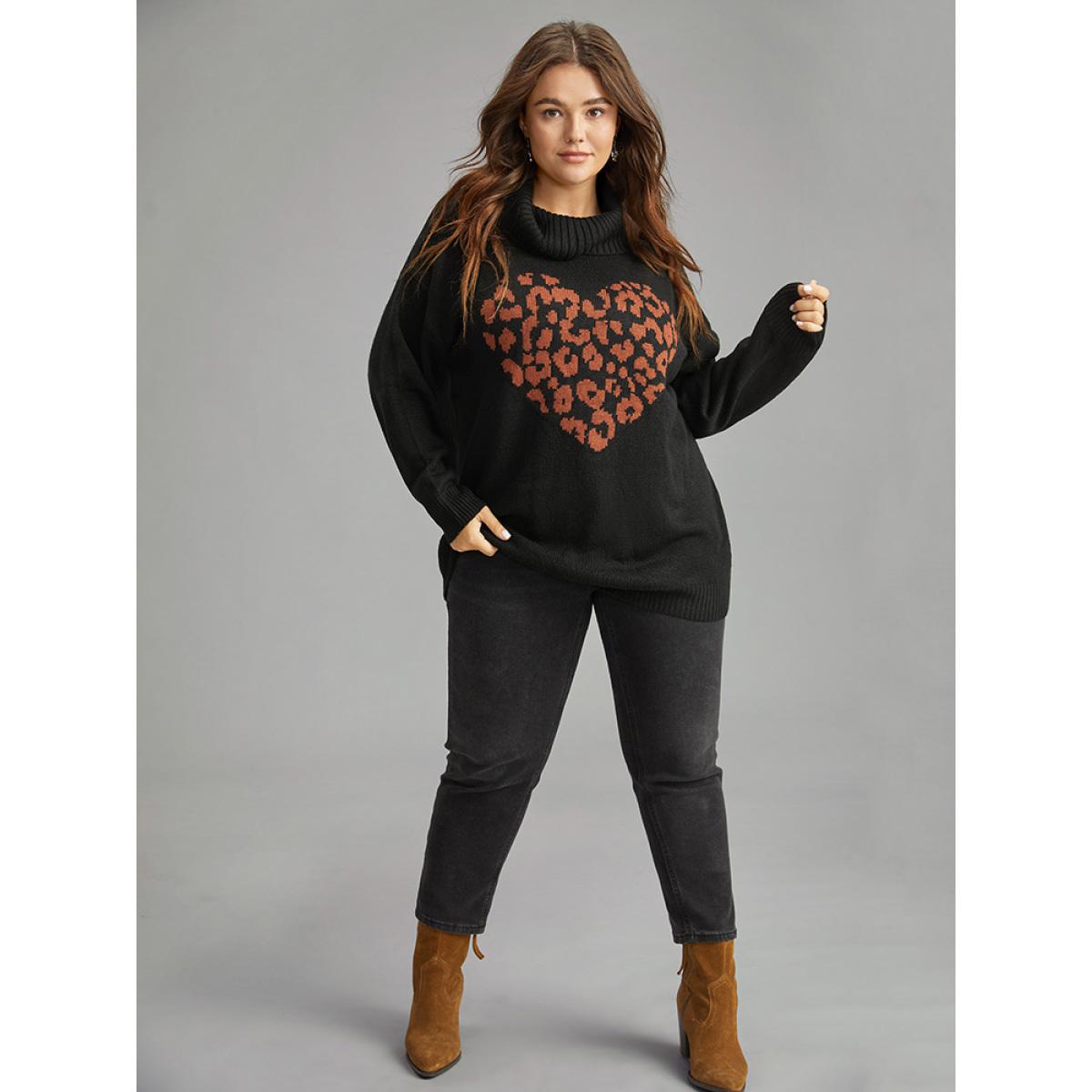 Plus Size Hreat Print Contrast Turtle Neck Pullover Black Women Casual Loose Long Sleeve Lapel Collar Dailywear Pullovers BloomChic 30/6X Product Image